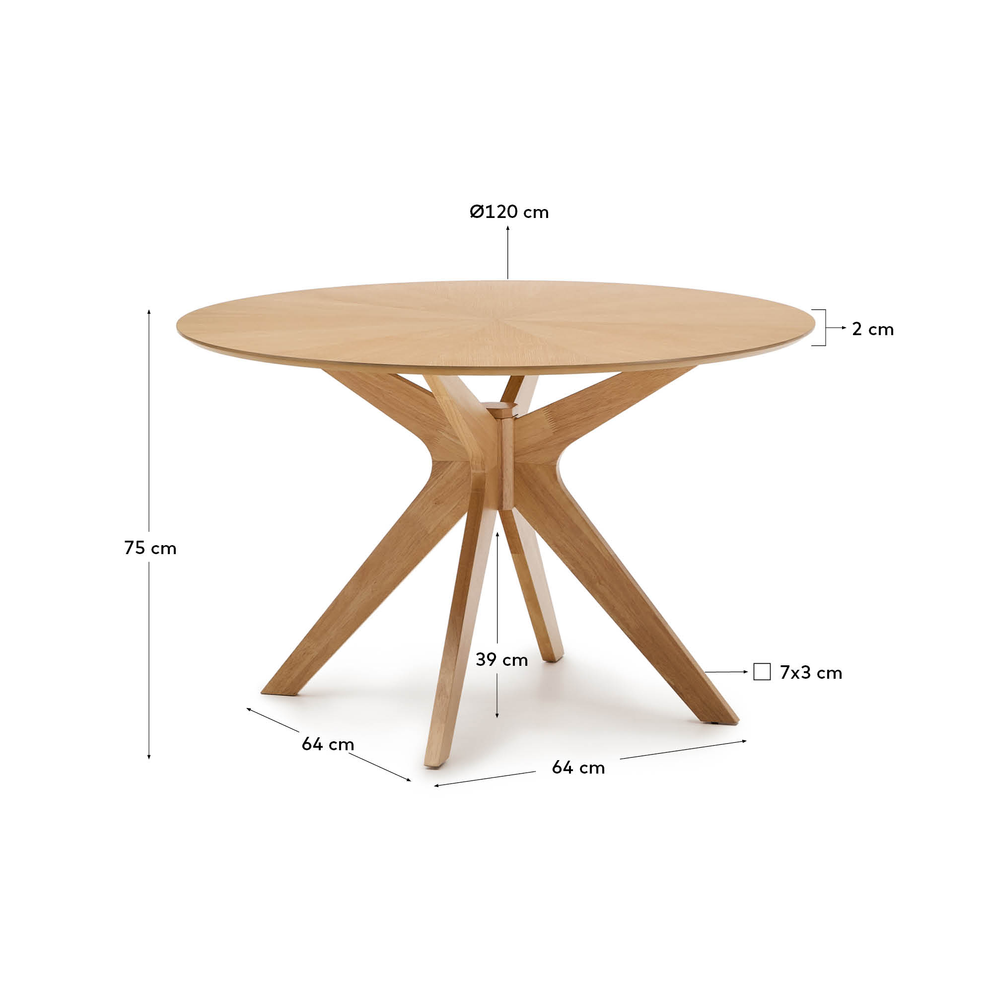 Eleganter runder Tisch Naanim von Kave Home, Ø 120 cm, gefertigt aus Eichenfurnier, perfekt für stilvolle Essbereiche.