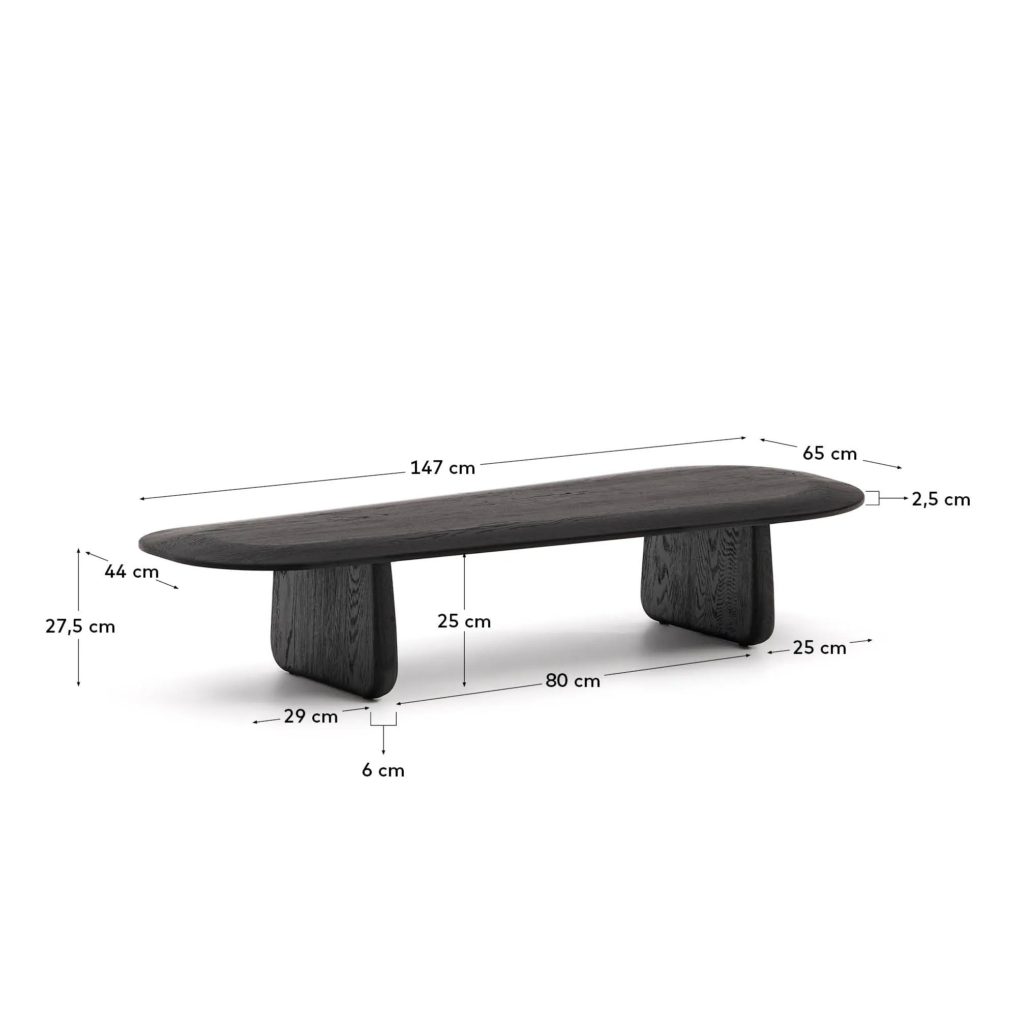 Eleganter Couchtisch aus massiver Eiche mit schwarzem Finish, FSC-zertifiziert, 146 x 56,5 cm, ideal für stilvolle Wohnräume.