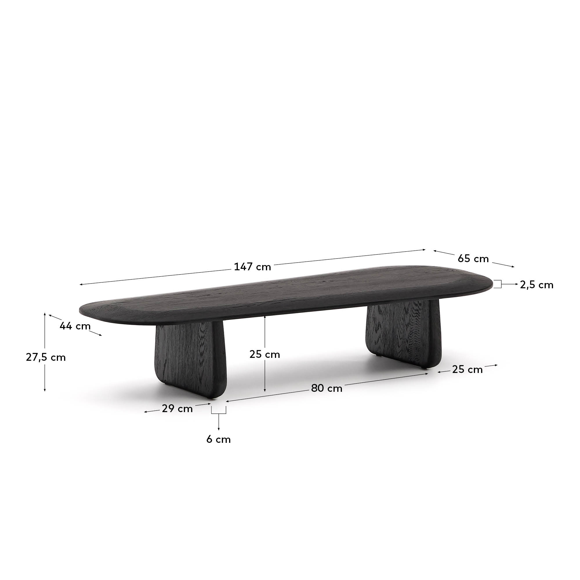 Moderner Couchtisch Pirita aus FSC-zertifizierter massiver Eiche, schwarzes Finish, Maße 146 x 56,5 cm, von Kave Home.