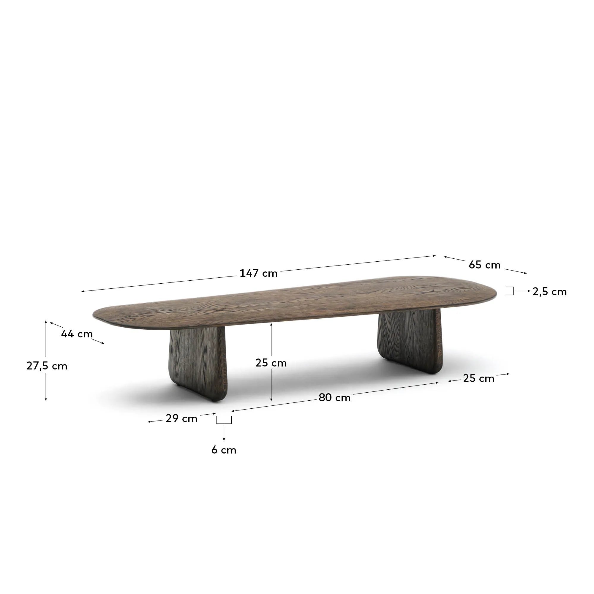 Eleganter Couchtisch aus massiver Eiche mit dunklem Finish, FSC-zertifiziert, 146 x 56,5 cm, von Kave Home.