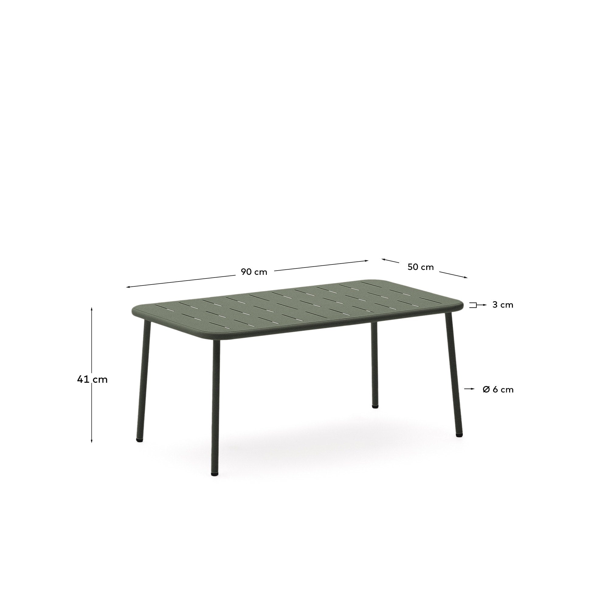 Erleben Sie den eleganten Couchtisch Zivia aus grün verzinktem Stahl (90 x 50 cm) – ideal für Garten und Terrasse, langlebig und pflegeleicht!