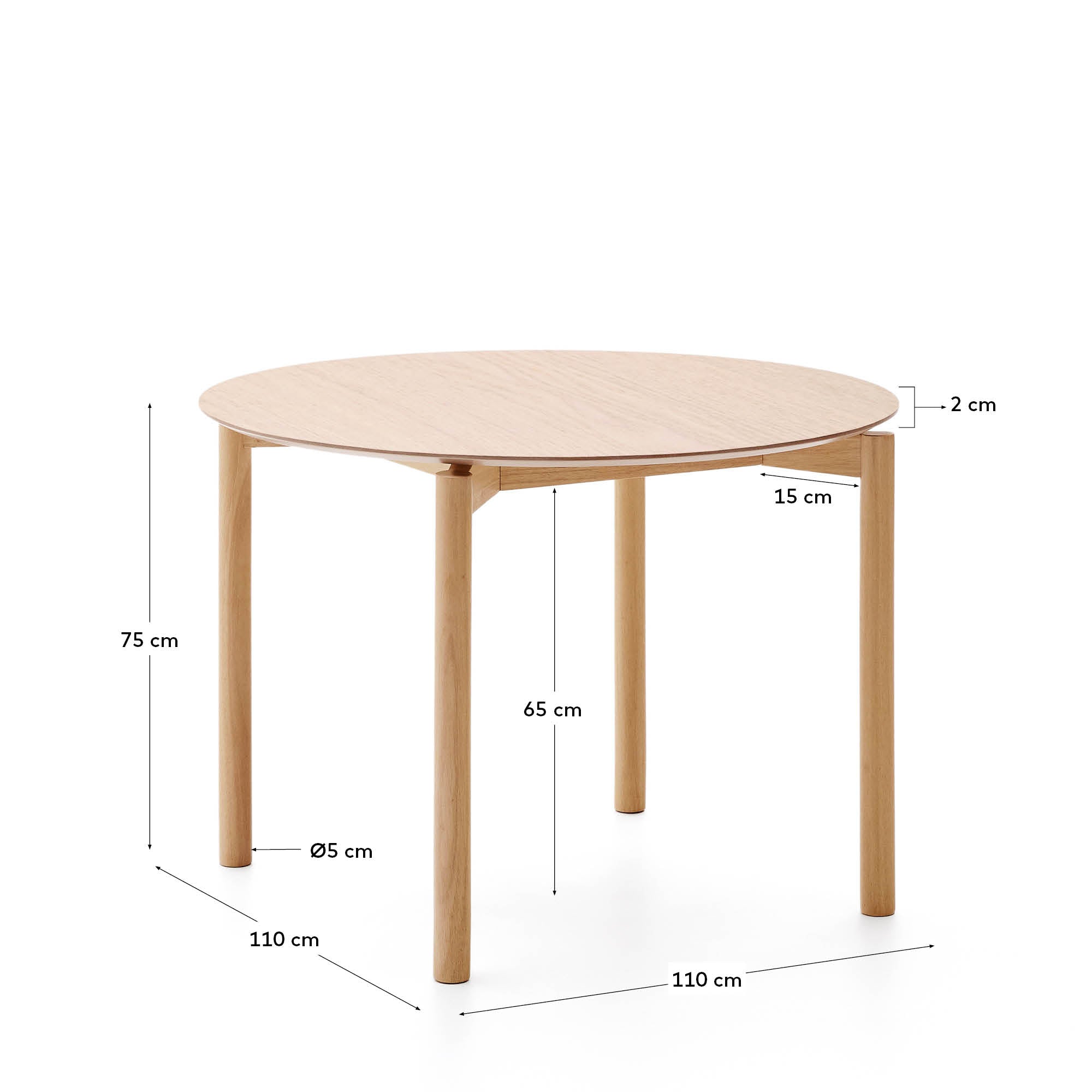 Runder Tisch Indara Ø100 cm, gefertigt aus Eschefurnier und massivem Kautschukholz, naturfarben, ideal für moderne Wohnräume.