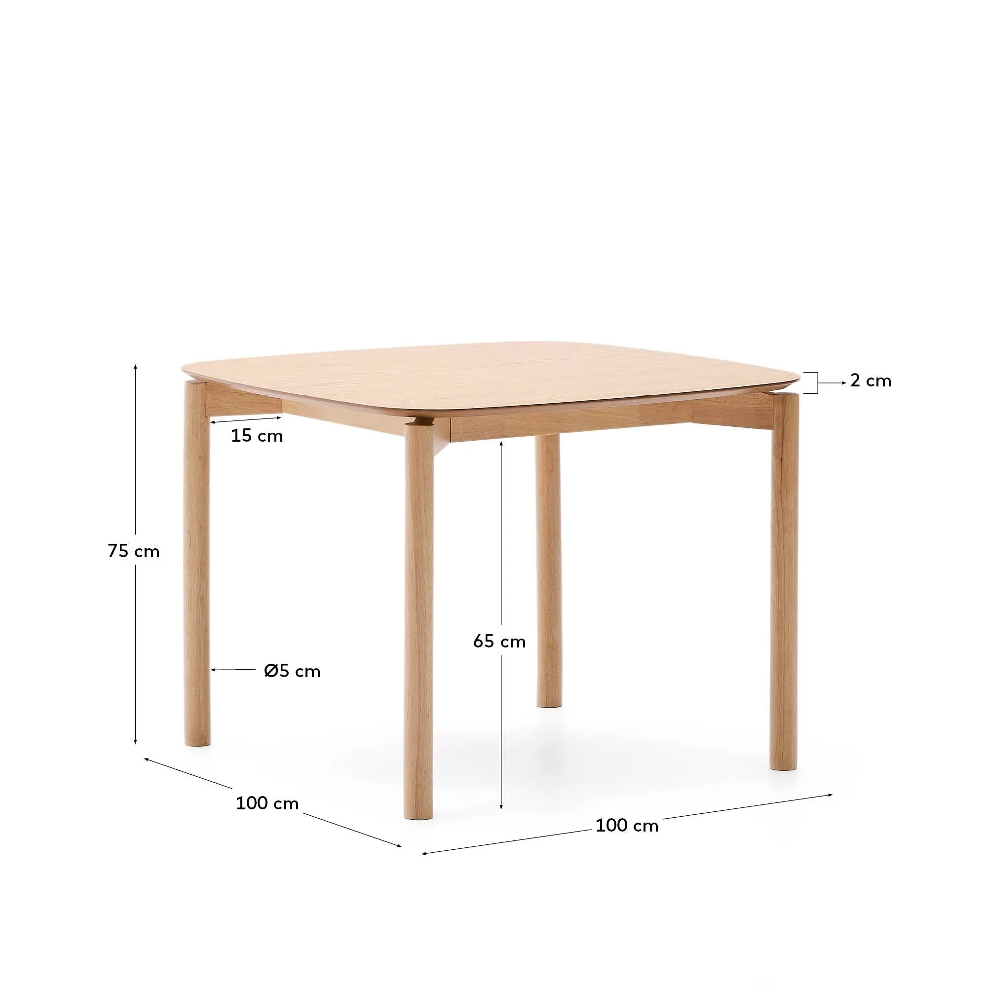 Quadratischer Tisch Indara, 100x100 cm, aus Eschefurnier und Kautschukholz, naturfarben, ideal für stilvolle und moderne Wohnräume.