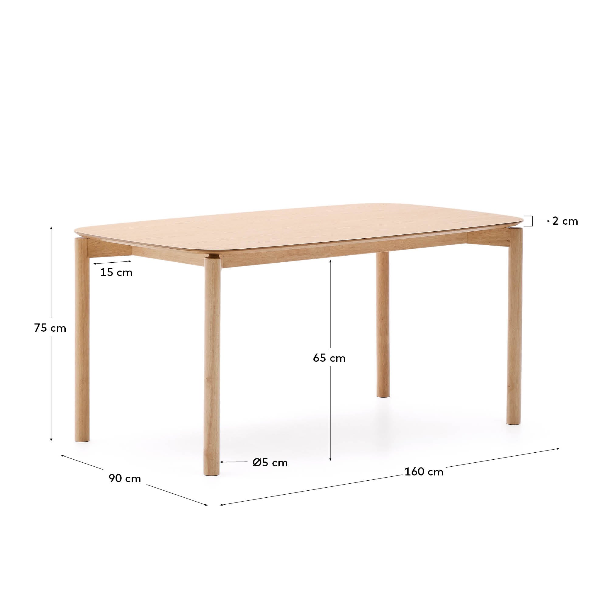 Moderner Tisch Indara, 160x90 cm, aus Eschefurnier und Kautschukholz, naturfarben, ideal für stilvolle Esszimmer.