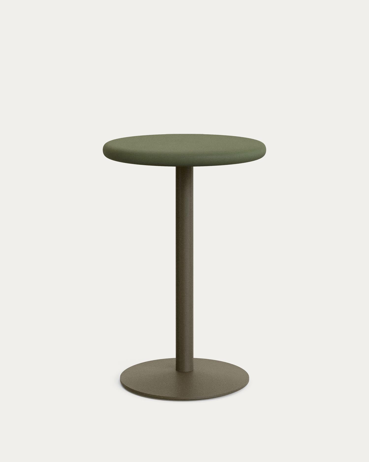 High, round outdoor table Esilda with table top made of green cement Ø 70 cm and green st.