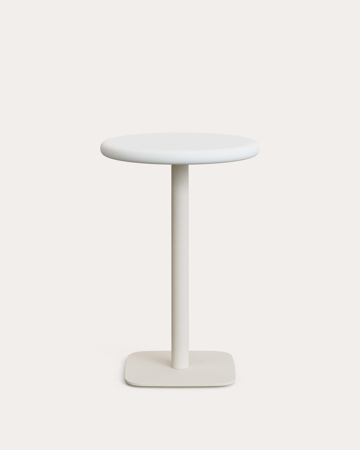 High, round outdoor table Dina with white cement plate Ø 70 cm and white steel base 48 x 