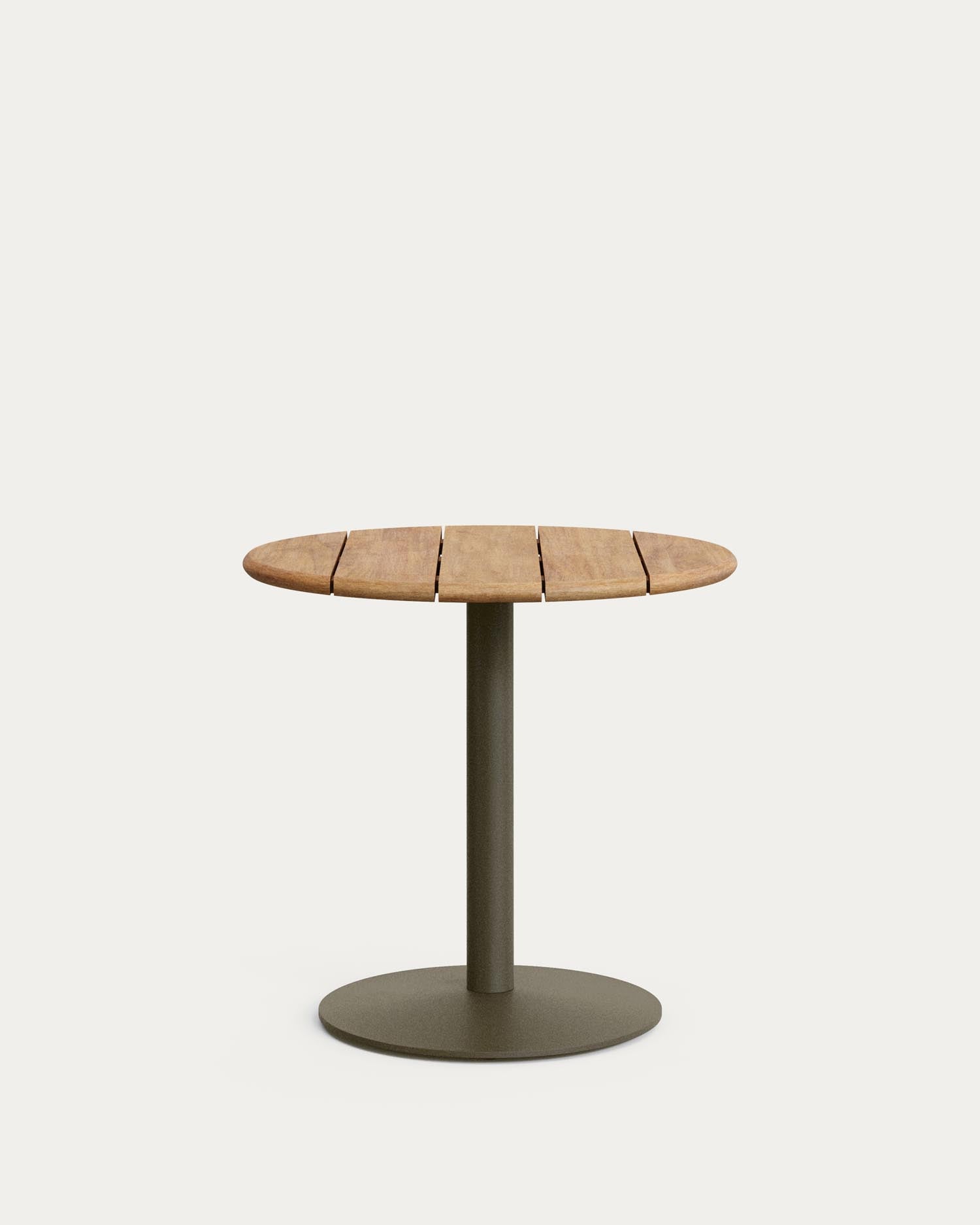 Runder Outdoor-Tisch Esilda mit Tischplatte aus Akazienholz FSC 100 % Ø 80 cm und grünem Stahlfuß Ø 55 x 72 cm in Khaki präsentiert im Onlineshop von KAQTU Design AG. Gartentisch ist von Kave Home