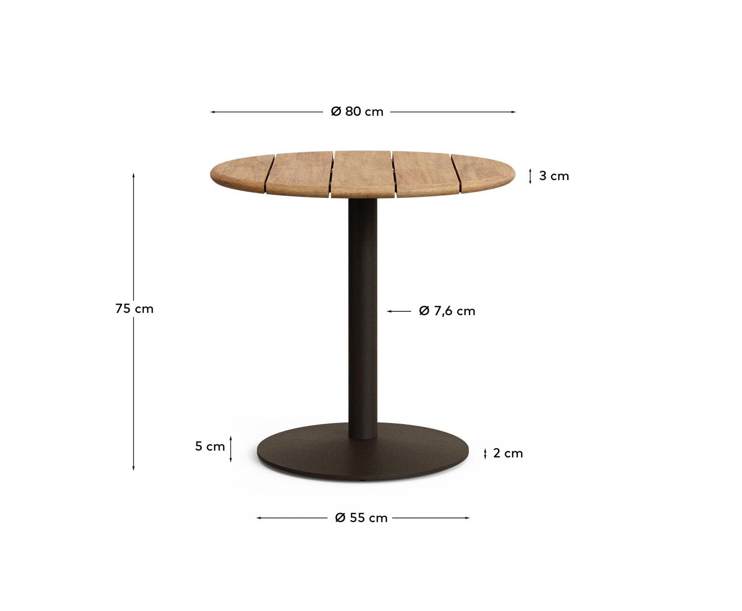 Runder Outdoor-Tisch Esilda mit Tischplatte aus Akazienholz FSC 100 % Ø 80 cm und grünem Stahlfuß Ø 55 x 72 cm in Khaki präsentiert im Onlineshop von KAQTU Design AG. Gartentisch ist von Kave Home