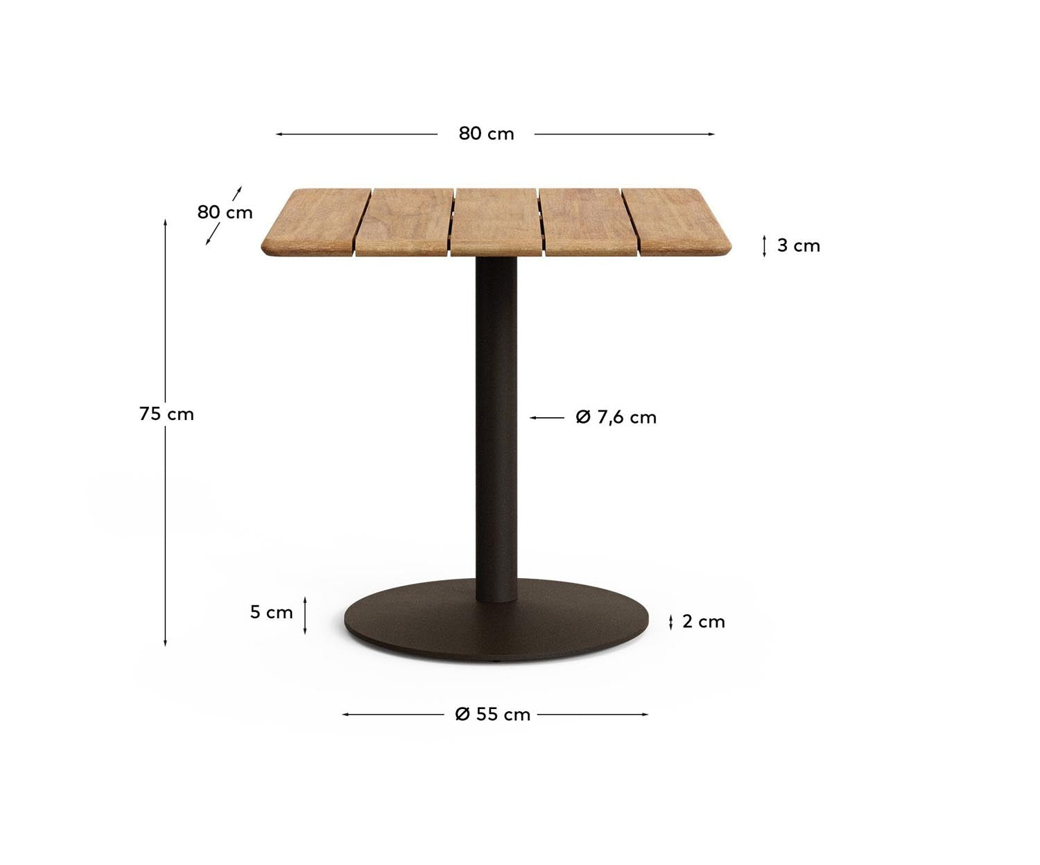 Outdoor-Tisch Esilda mit Tischplatte aus Akazienholz FSC 100 % 80 x 80 cm und grünem Stahlfuß Ø 55 x 72 cm in Khaki präsentiert im Onlineshop von KAQTU Design AG. Gartentisch ist von Kave Home