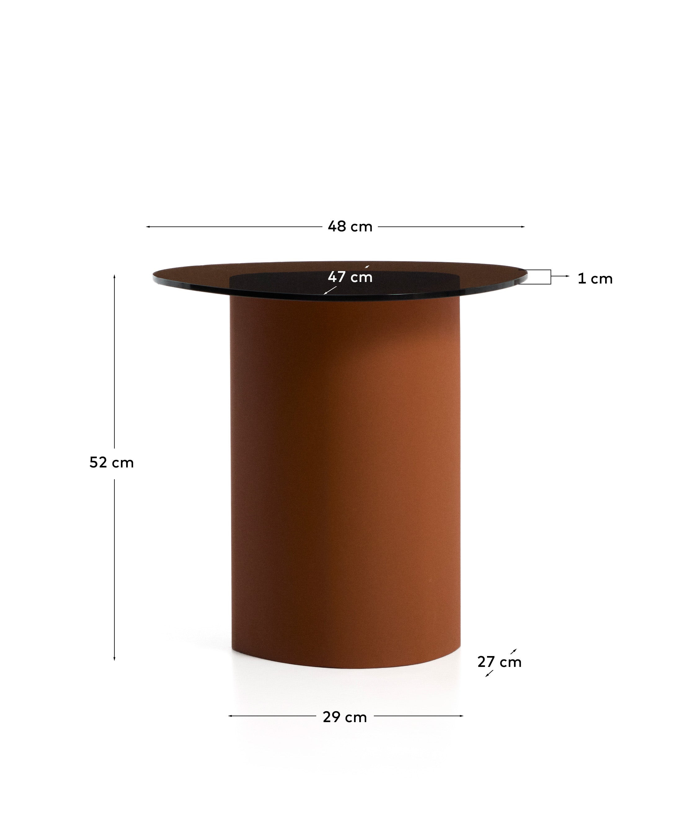 Eleganter Beistelltisch Olir mit gehärteter Glasplatte und robustem braunen Stahlgestell, ideal für stilvolle Wohnräume.
