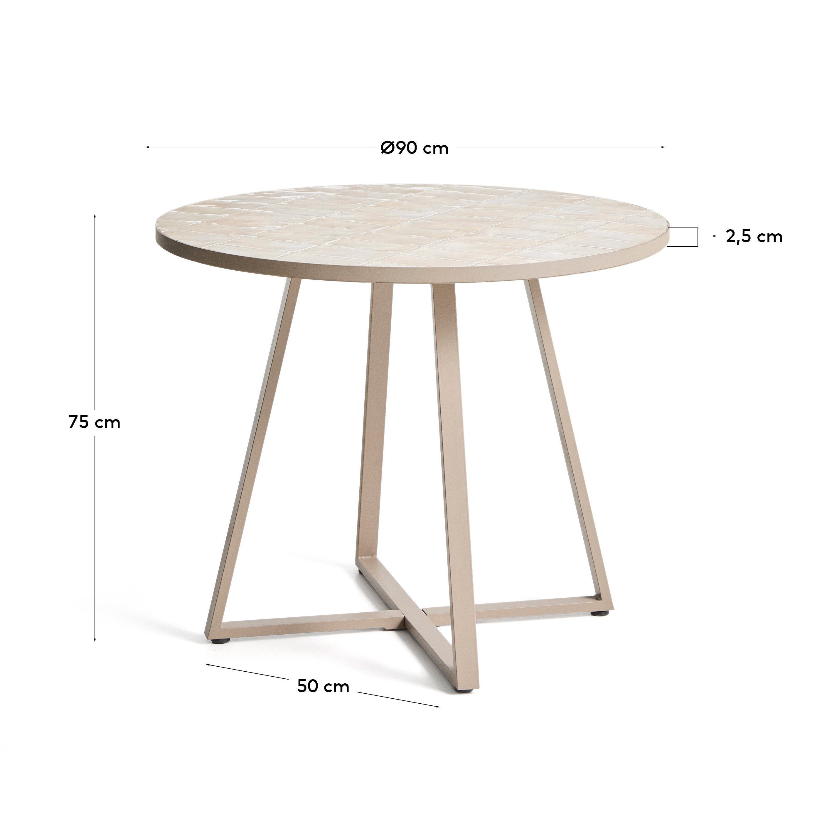 Runder Tisch Tella mit verzinktem Stahl und beigen Fliesen, Ø 90 cm in Ecru präsentiert im Onlineshop von KAQTU Design AG. Gartentisch ist von Kave Home