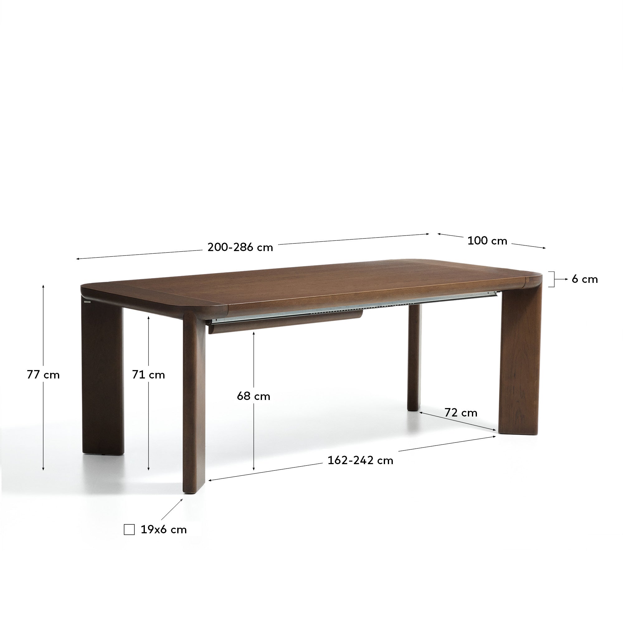 Ausziehtisch Jondal aus massivem Eichenholz und Eichenfurnier mit Nussbaumfinish, FSC 100 %, 200 (286) x 100 cm in Dunkelbraun präsentiert im Onlineshop von KAQTU Design AG. Esstisch ist von Kave Home