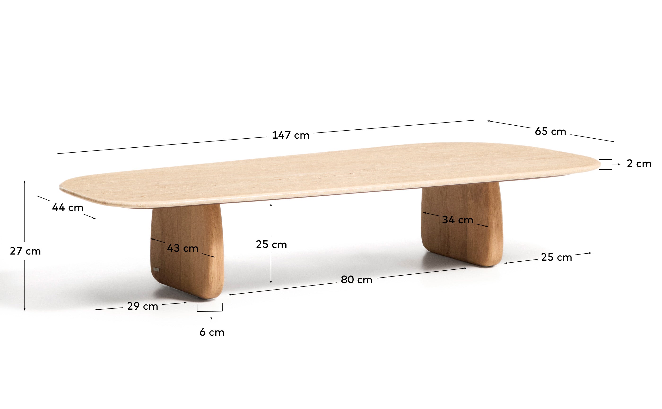 Couchtisch Pirita aus beigem Travertin mit Beinen aus massivem Eichenholz mit naturfarbenem Finish, 147 x 65 cm, FSC 100 % in Beige präsentiert im Onlineshop von KAQTU Design AG. Couchtisch ist von Kave Home