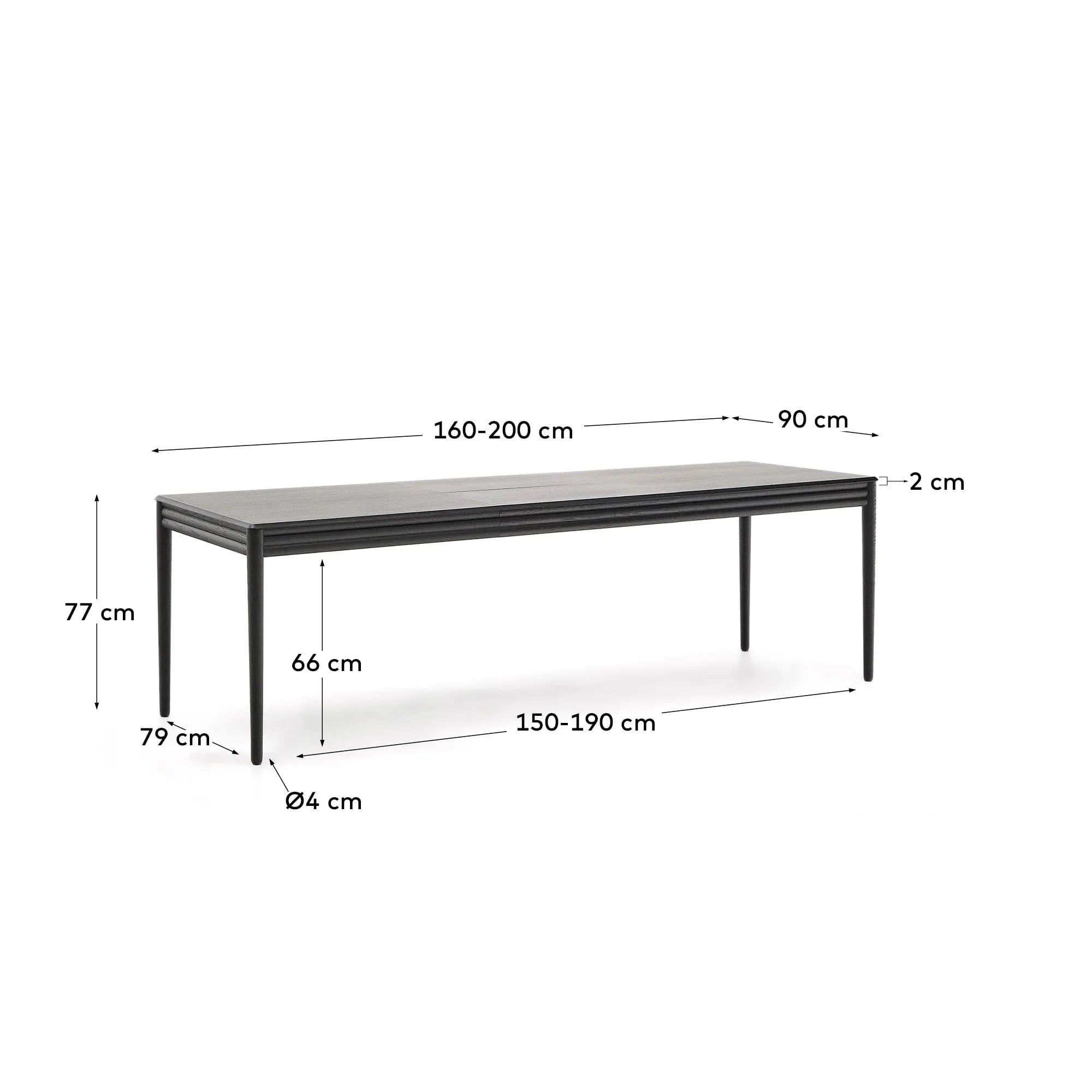Eleganter Ausziehtisch aus schwarzem Eichenholz, erweiterbar von 160 auf 200 cm, FSC-zertifiziert, modern und nachhaltig.