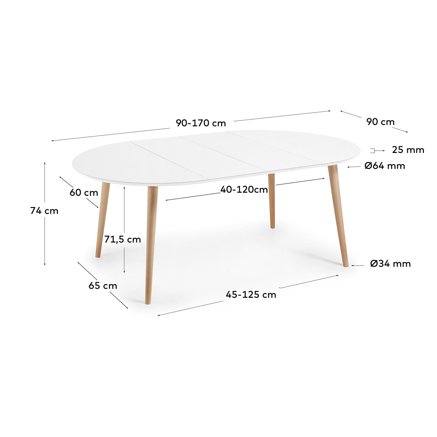 Eleganter Oqui Tisch: Weiß, ausziehbar, Buche, 90-170 cm.