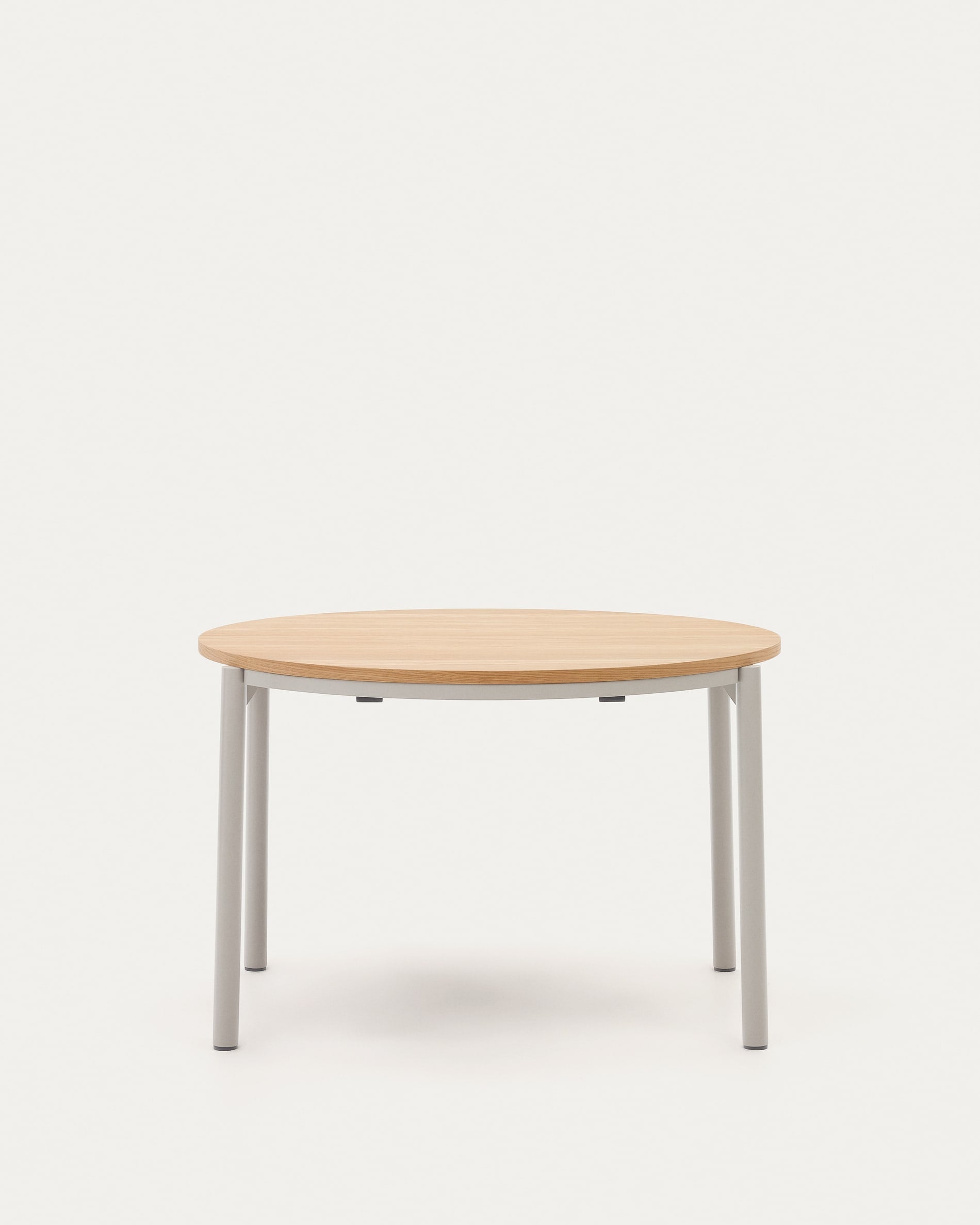3D-Modell eines runden Ausziehtischs mit Eichenfurnier und grauen Stahlbeinen, Ø 120-200 cm, elegant und robust.