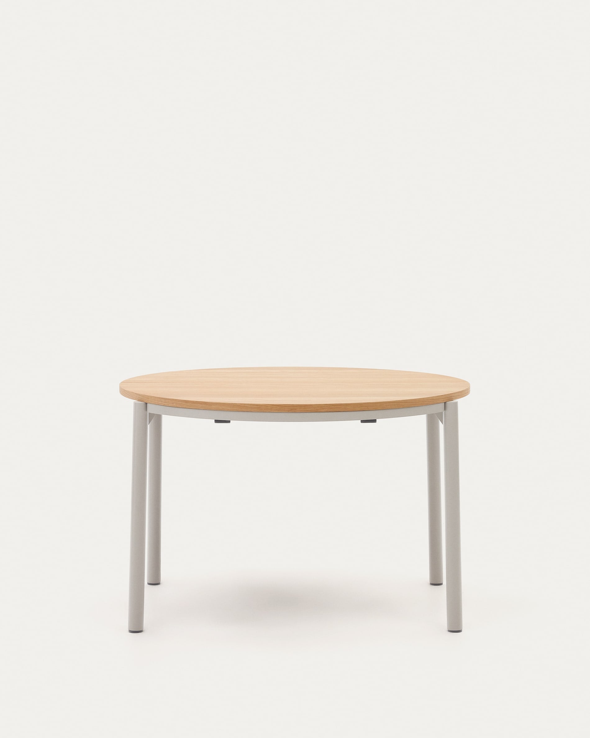 3D-Modell eines runden Ausziehtischs mit Eichenfurnier und grauen Stahlbeinen, Ø 120-200 cm, elegant und robust.