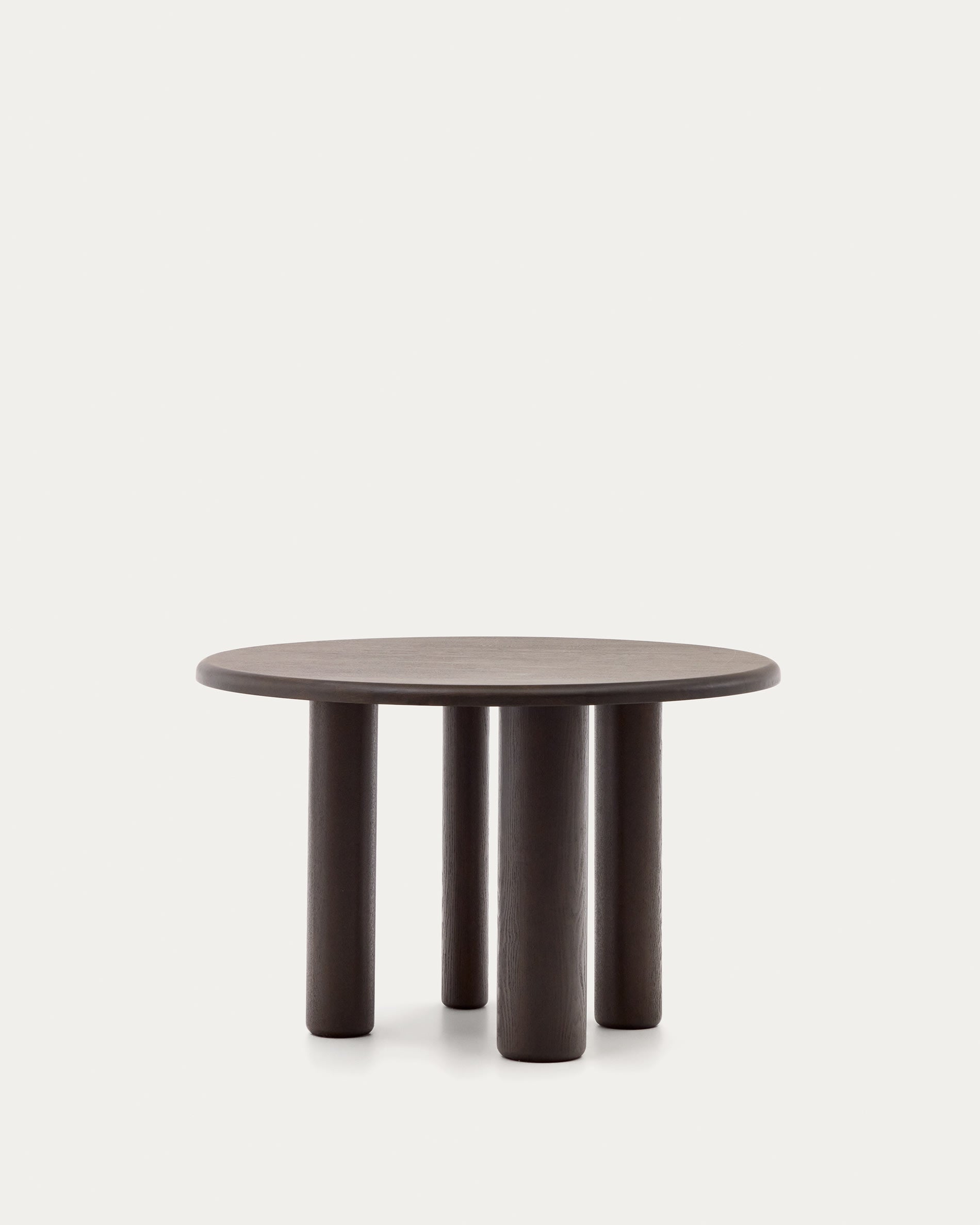 3D-Modell eines eleganten, runden Esstischs aus Eschenfurnier, Ø 120 cm, dunkles Finish, ideal für moderne Wohnräume.