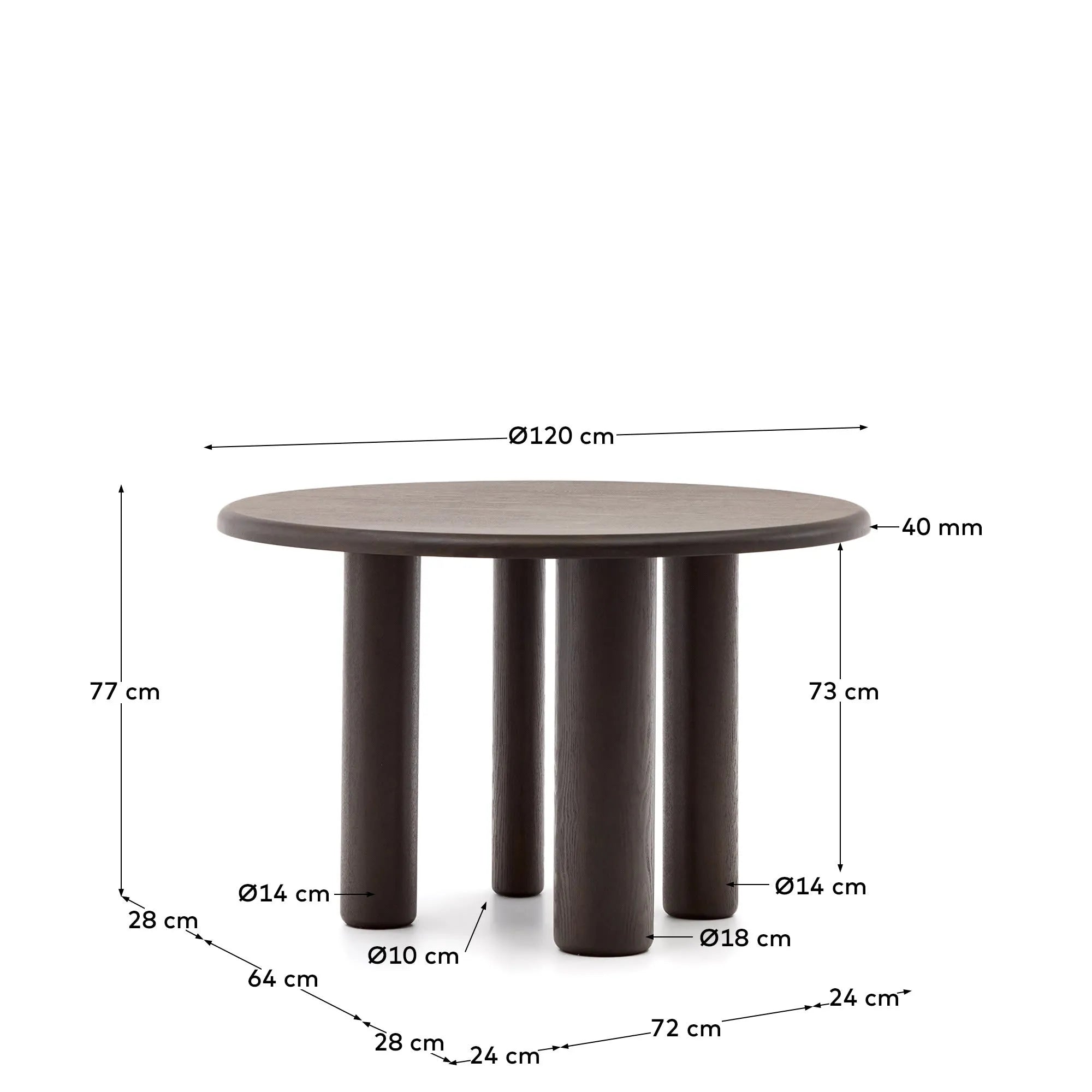 Eleganter runder Tisch aus Eschenfurnier, Ø 120 cm, mit dunklem Finish, ideal für stilvolle Esszimmer.