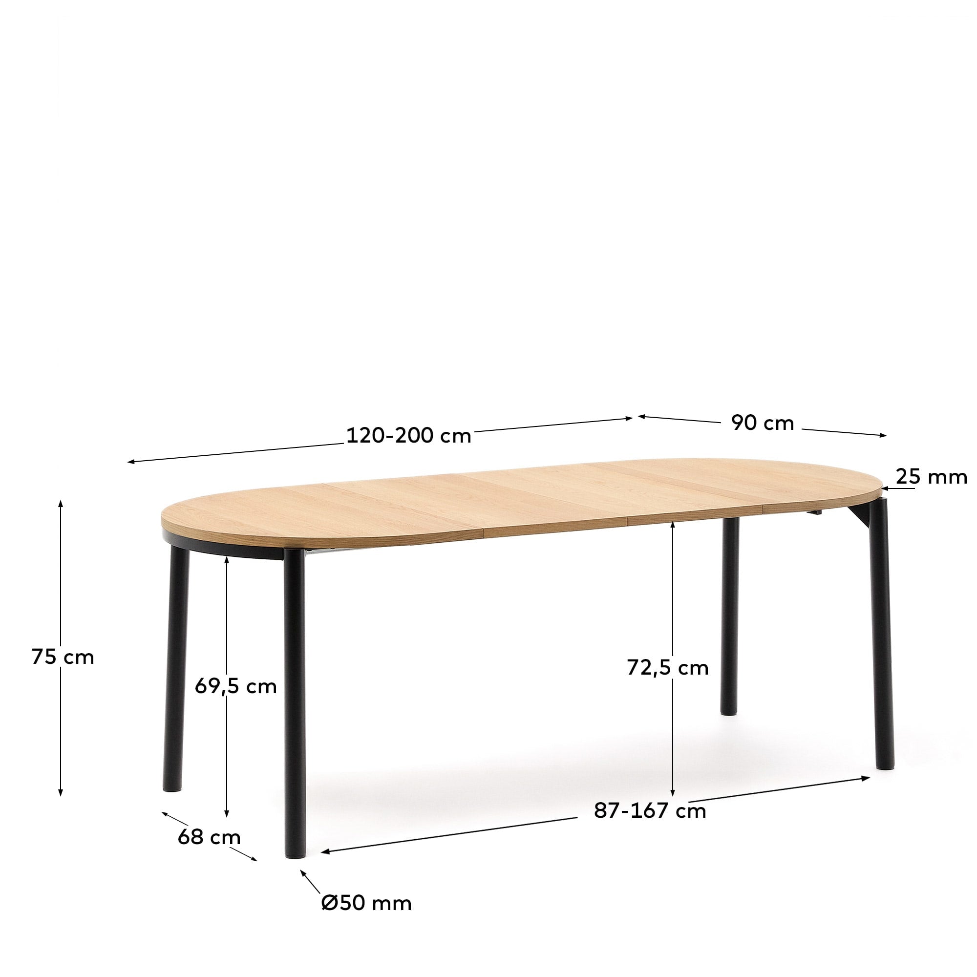 Moderner Montuiri Ausziehtisch mit Eichenfurnier und schwarzen Stahlbeinen, Ø120(200) x 90 cm, ideal für stilvolle Räume.