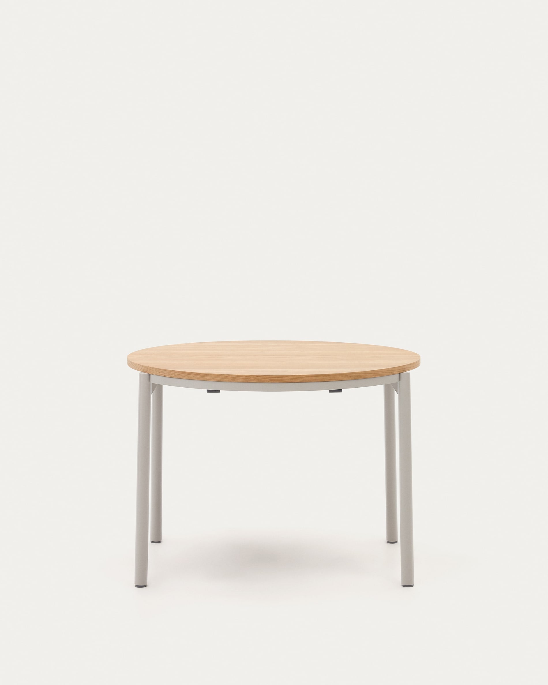 Runder Ausziehtisch mit Eichenfurnier und grauen Stahlbeinen, Ø90-170 cm, flexibel und stilvoll für jeden Anlass.
