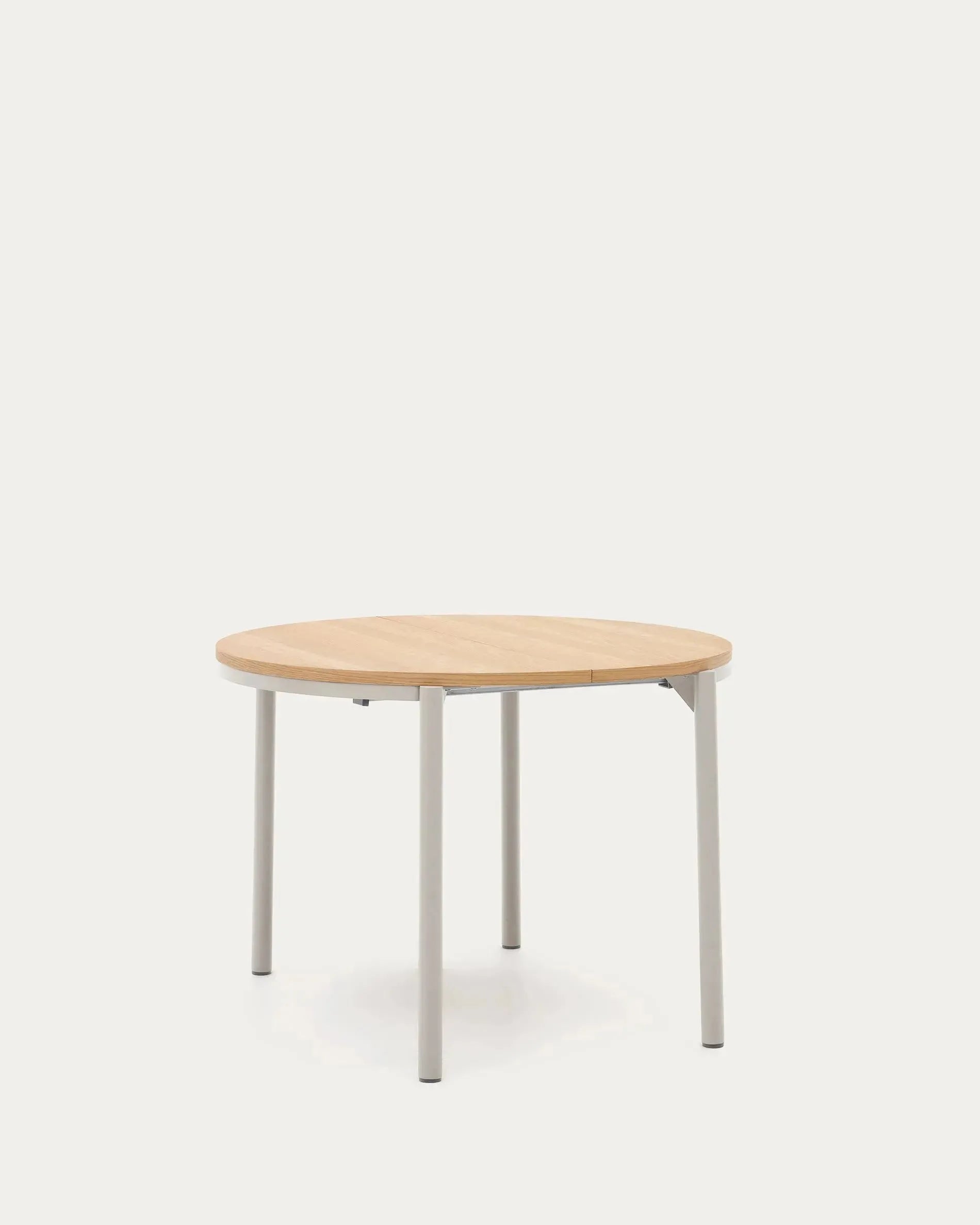 Runder Ausziehtisch Montuiri mit Eichenfurnier und grauen Stahlbeinen, Ø90-170 cm, ideal für modernes und stilvolles Wohnen.