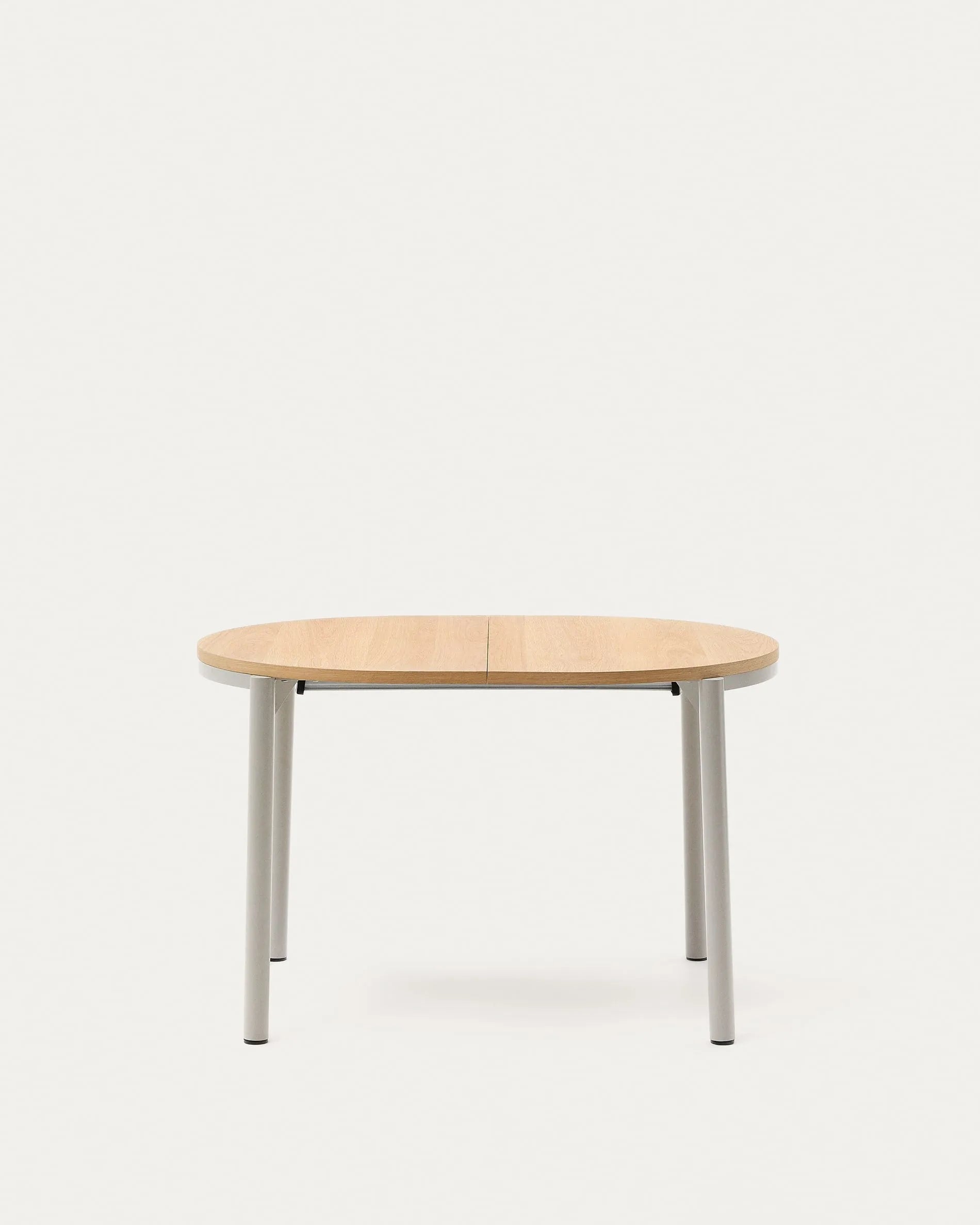 Moderner Ausziehtisch mit Eichenfurnier und grauen Stahlbeinen, 120-200 x 90 cm, ideal für stilvolle Essbereiche.