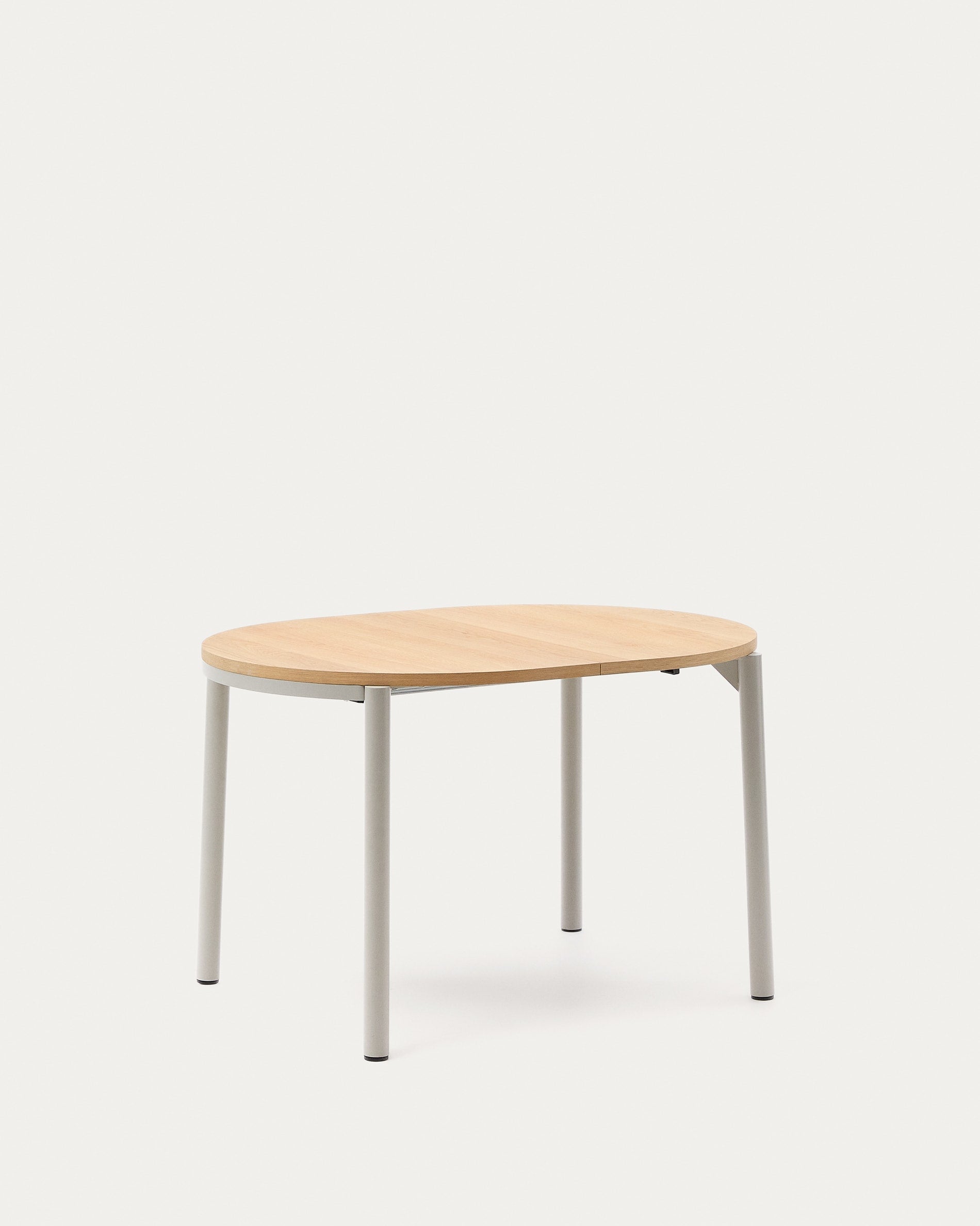 Moderner Ausziehtisch mit Eichenfurnier und grauen Stahlbeinen, 120-200 x 90 cm, ideal für stilvolle Essbereiche.
