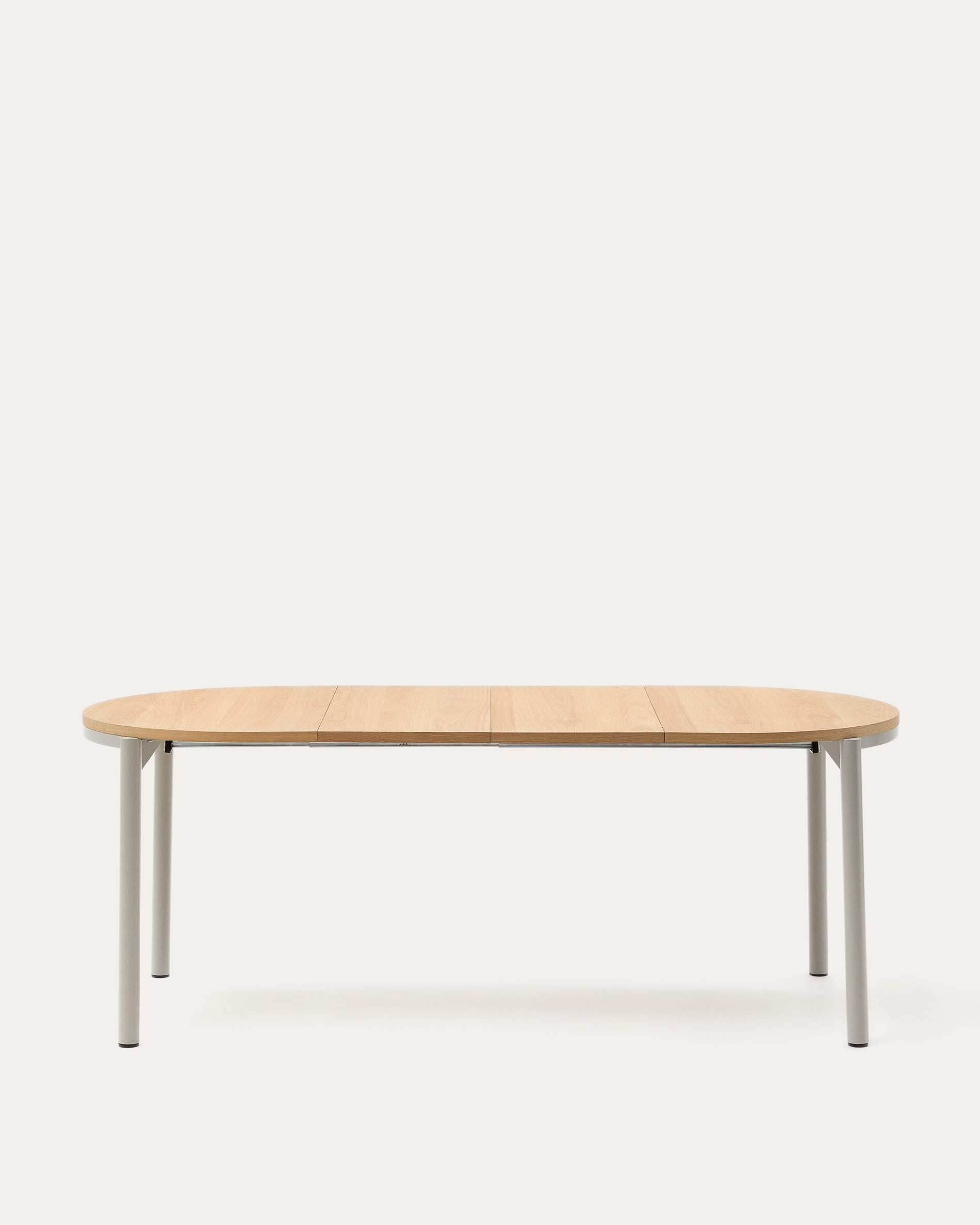 Moderner Ausziehtisch mit Eichenfurnier und grauen Stahlbeinen, 120-200 x 90 cm, ideal für stilvolle Essbereiche.