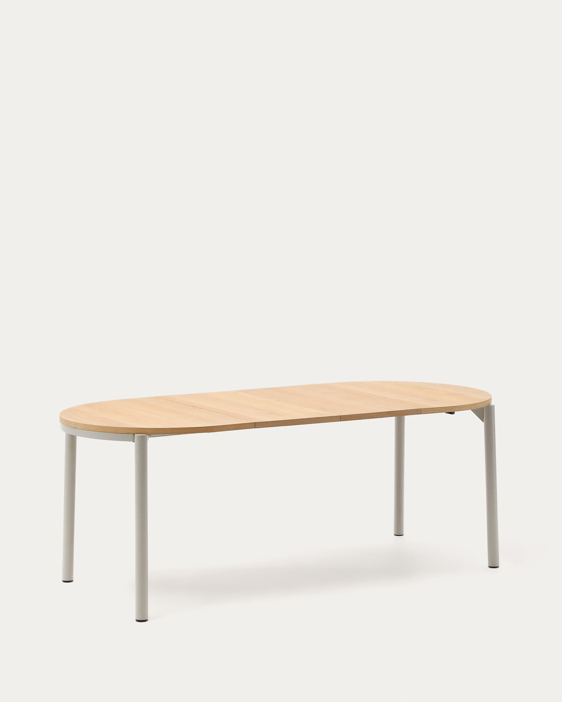 Moderner Ausziehtisch mit Eichenfurnier und grauen Stahlbeinen, 120-200 x 90 cm, ideal für stilvolle Essbereiche.