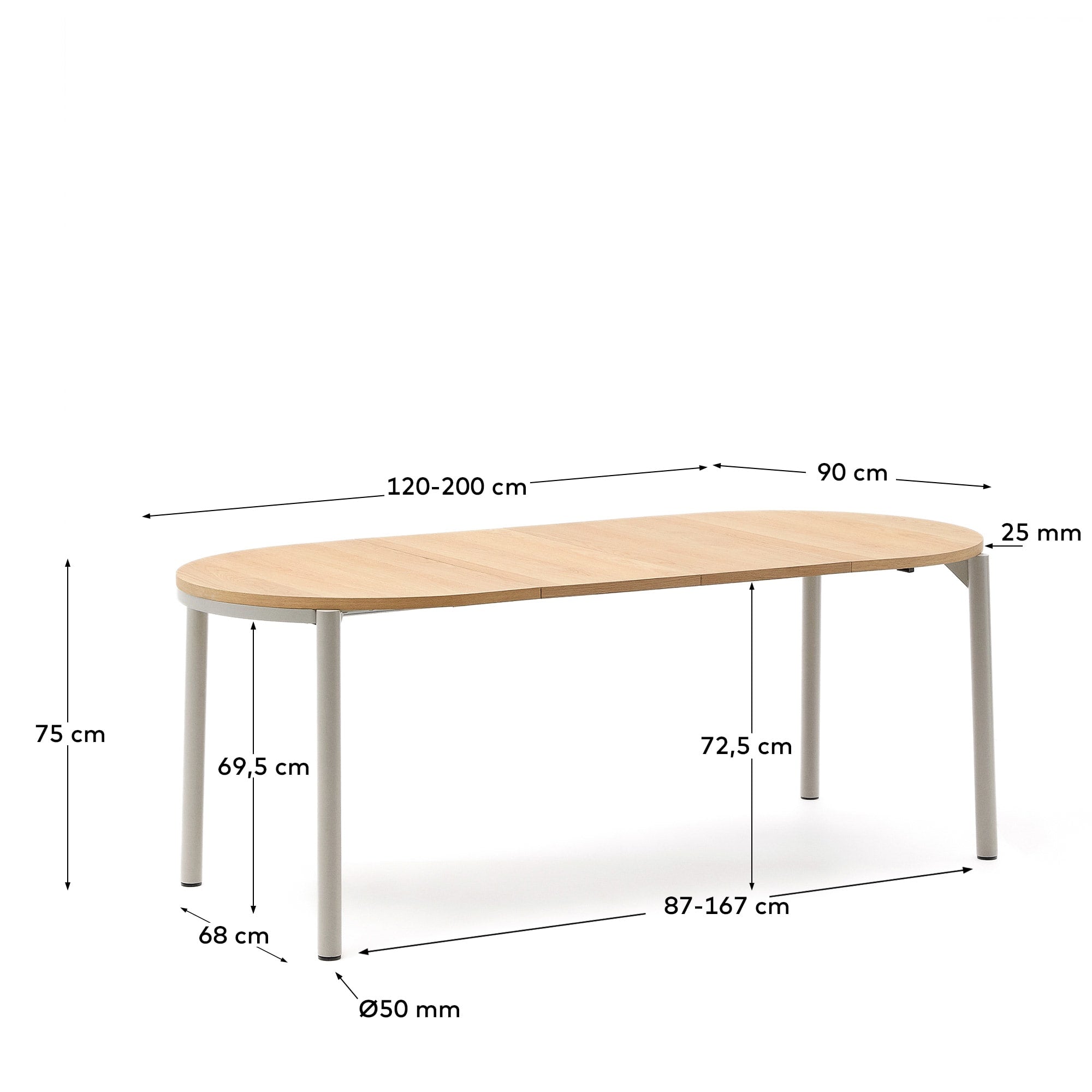 Moderner Ausziehtisch mit Eichenfurnier und grauen Stahlbeinen, 120-200 x 90 cm, ideal für stilvolle Essbereiche.