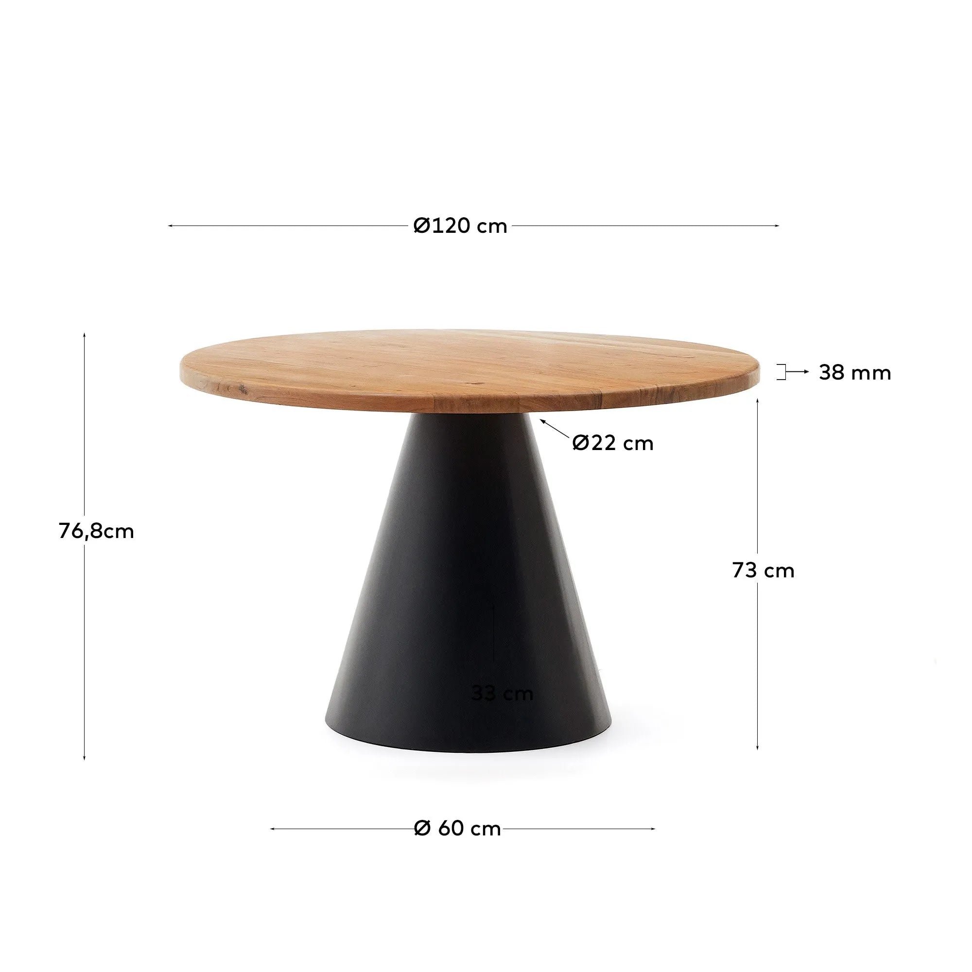 Moderner runder Tisch Wilshire, Ø 120 cm, aus Akazienholz und schwarzem Stahl, perfekt für stilvolle und robuste Einrichtung.