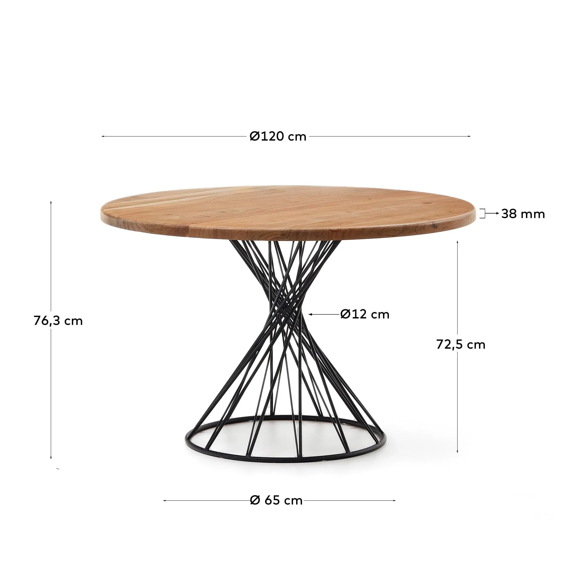 Eleganter runder Tisch aus Akazienholz mit schwarzen Stahlbeinen, Ø 120 cm, von Kave Home. Perfekt für modernes Wohnen.