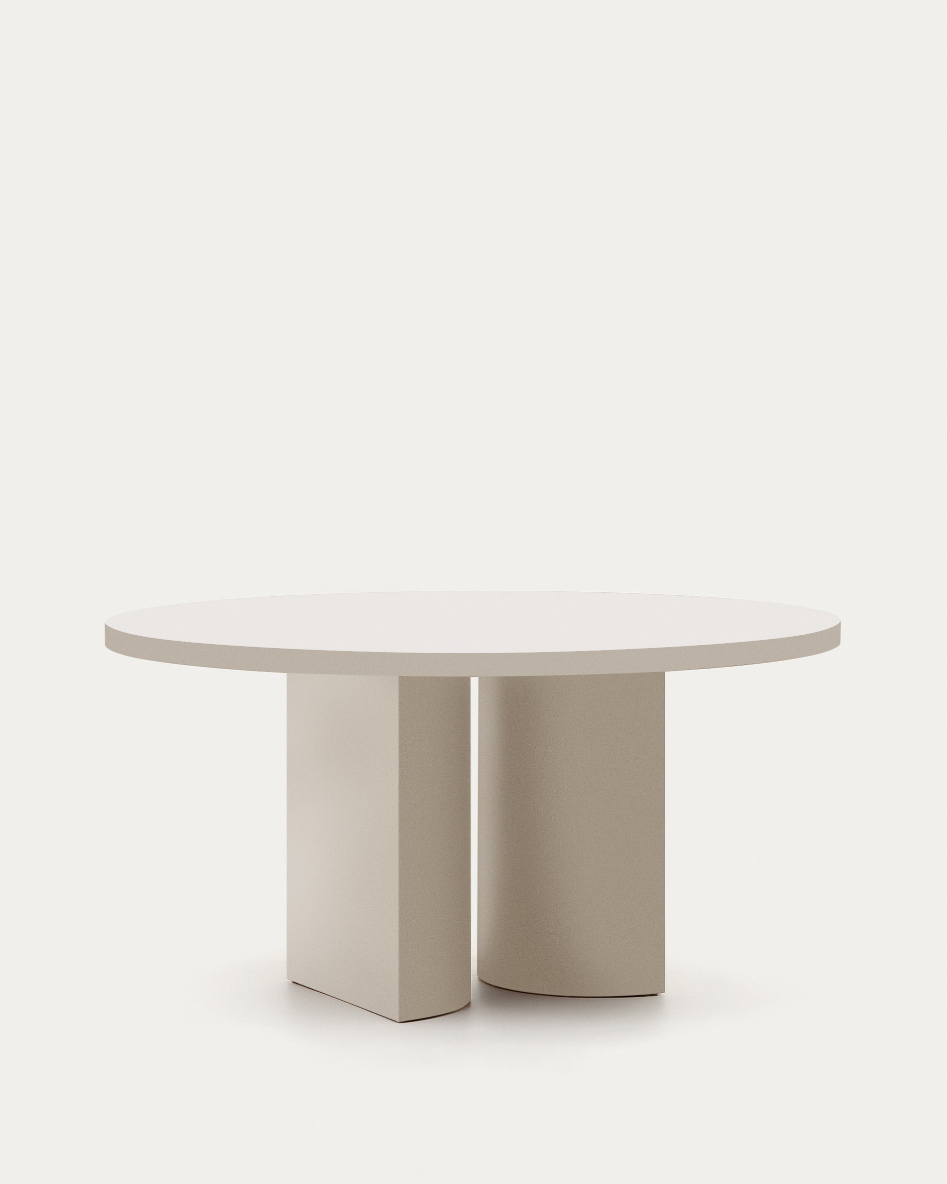 Eleganter runder Tisch Nealy, Ø 150 cm, aus lackiertem MDF in Eierschalenfarbe, ideal für stilvolle Esszimmer und moderne Wohnräume.