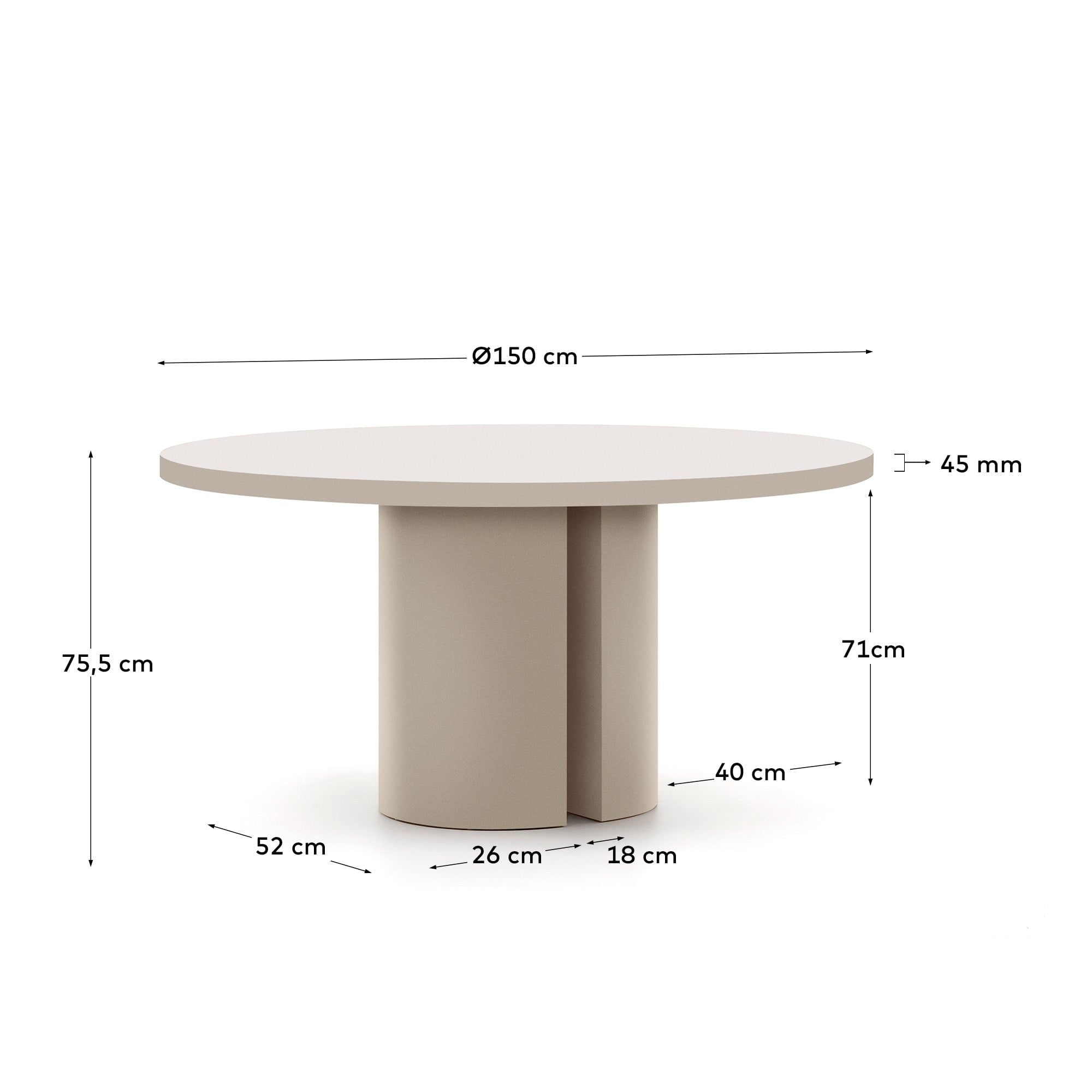 Moderner runder Tisch Nealy Ø 150 cm aus lackiertem MDF in Eierschalenfarbe, perfekt für stilvolle Wohn- und Esszimmer.