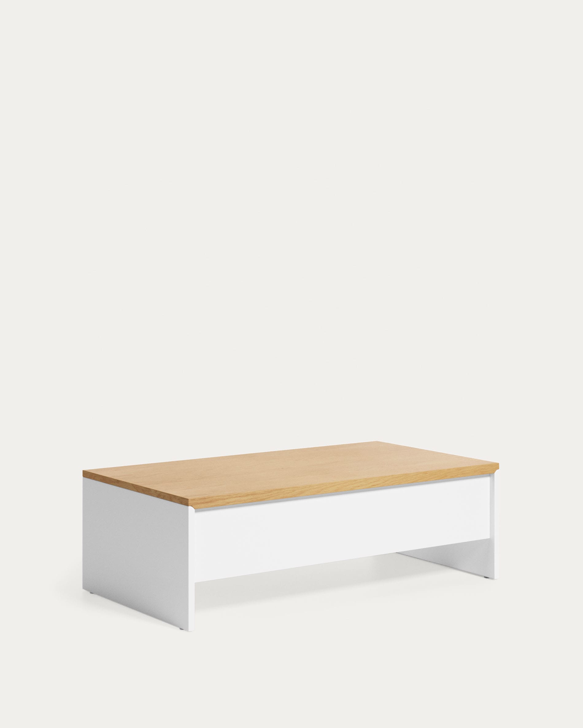 Moderner höhenverstellbarer Couchtisch aus Eichenfurnier und weiß lackiert, 110x60 cm, FSC-zertifiziert, von Kave Home.
