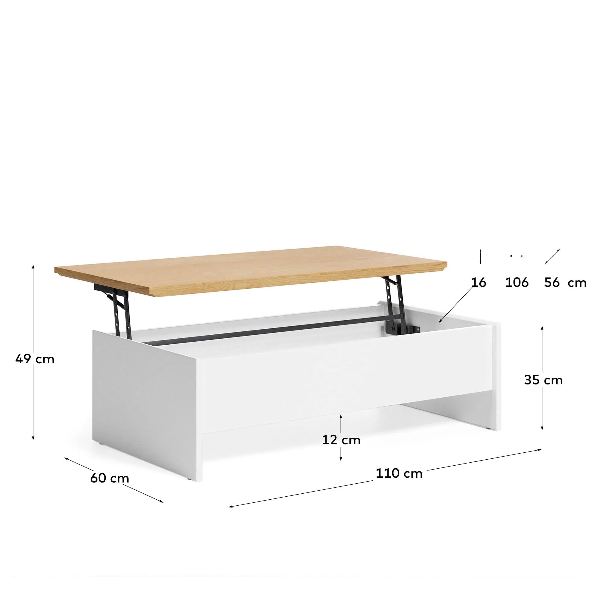 Eleganter, höhenverstellbarer Couchtisch aus Eichenfurnier, weiß lackiert, 110x60 cm, FSC-zertifiziert, für flexible Nutzung.