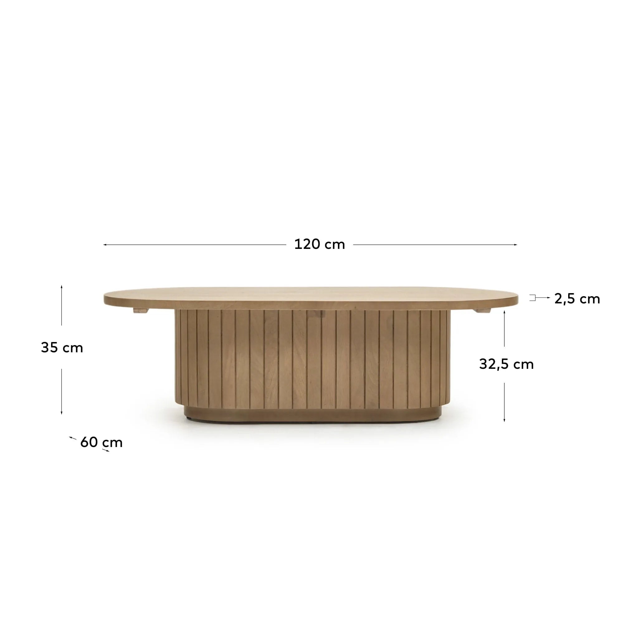 Eleganter Couchtisch aus Mangoholz, 120x60 cm, mit einzigartiger Maserung und abgerundeter Form für stilvolle Wohnräume.