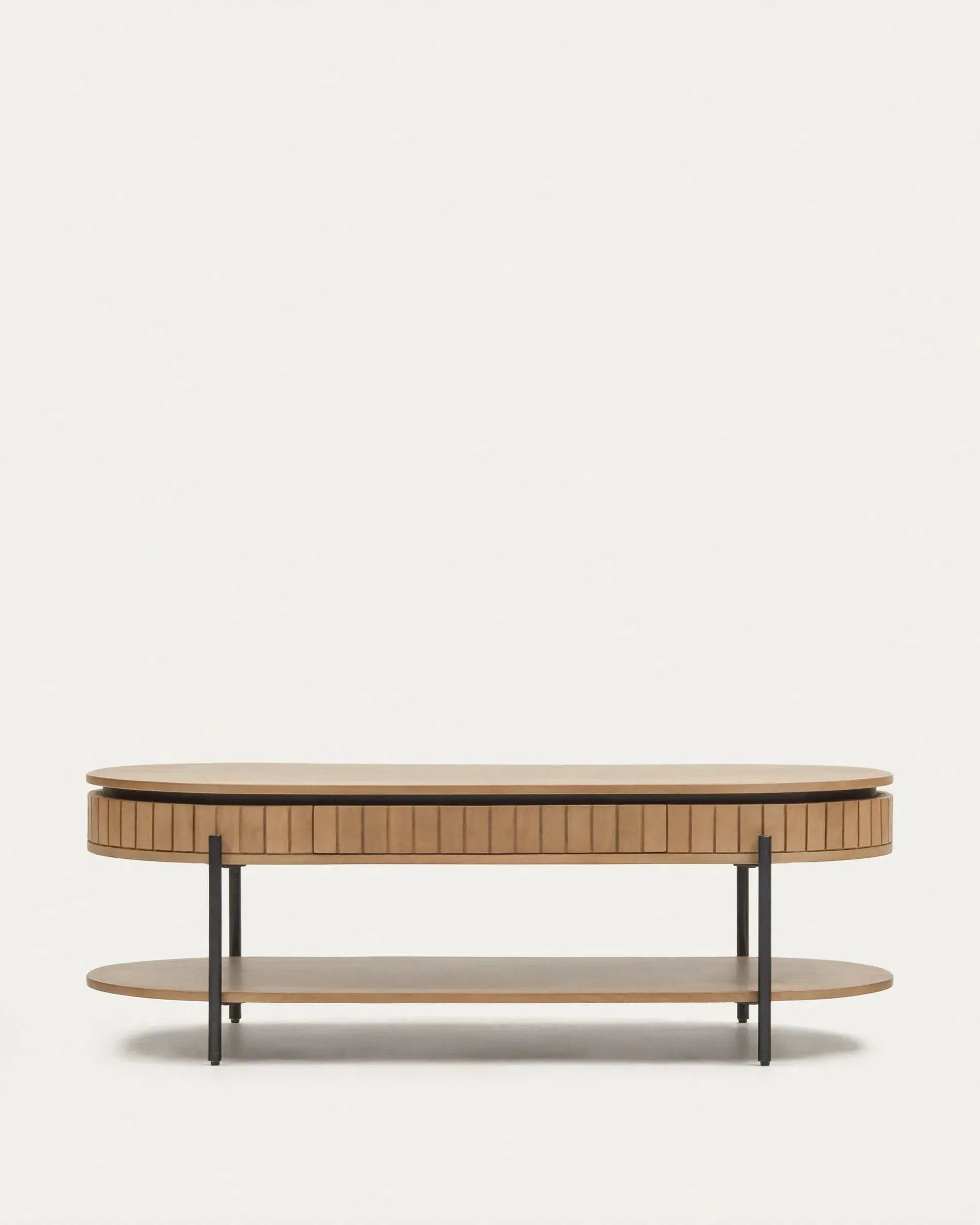 3D-Modell eines eleganten Couchtischs aus Mangoholz mit Schublade, schwarzem Metallrahmen, 130x65 cm.