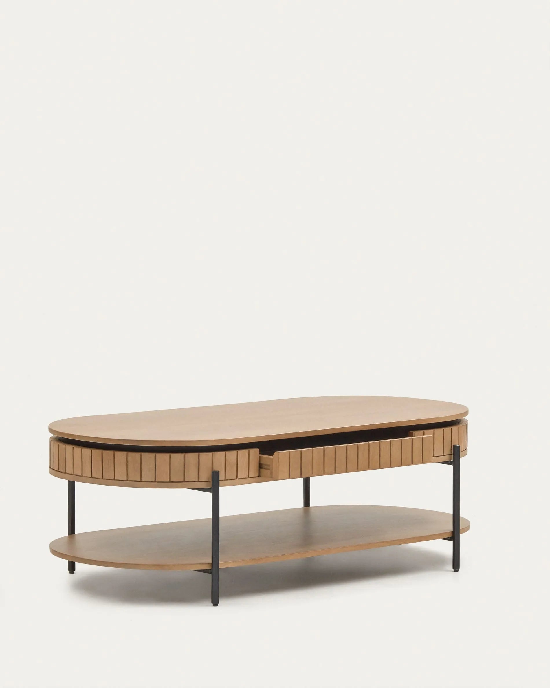 Eleganter Couchtisch aus Mangoholz mit schwarzem Metallrahmen, 130x65 cm, inkl. Schublade für stilvollen Stauraum.