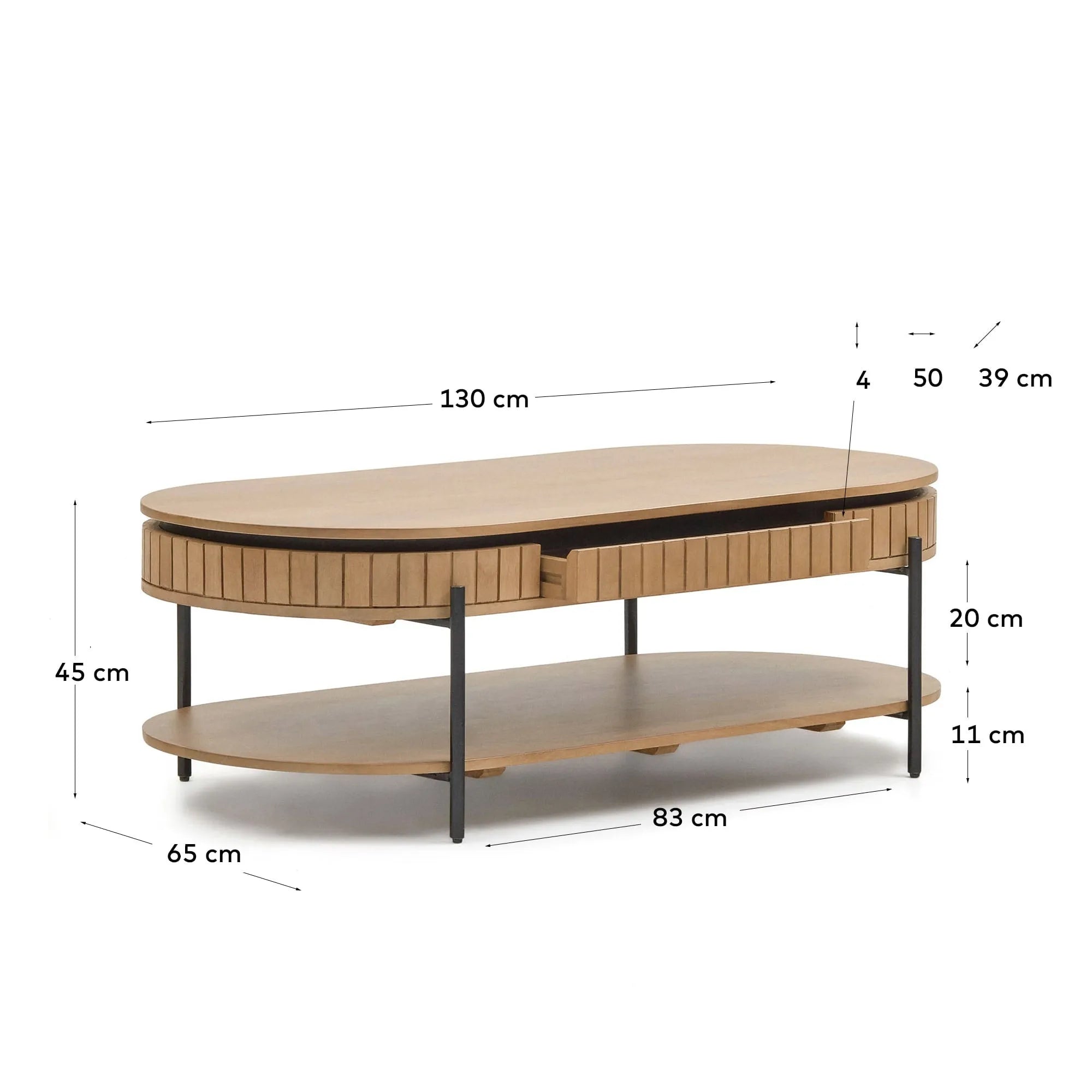 Eleganter Couchtisch aus Mangoholz mit schwarzem Metallrahmen, 130x65 cm, inkl. Schublade für stilvollen Stauraum.