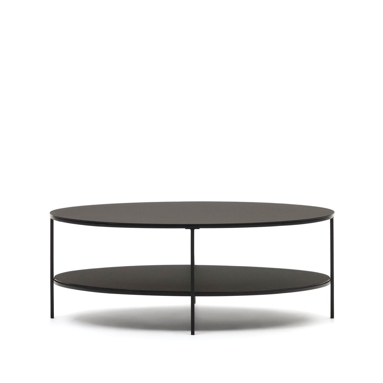 Eleganter Fideia Couchtisch aus getempertem Glas und Metall, mattschwarz, Ø 110 x 65 cm, modern und robust.