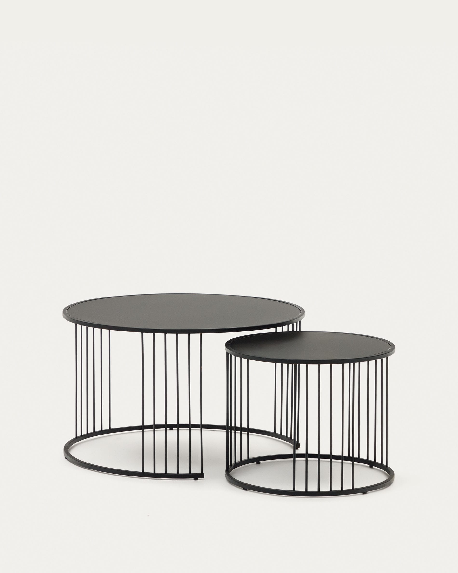 3D-Modell: Elegantes Hadar Set, 2 Beistelltische, gehärtetes Glas & Stahl, Ø75/45cm, Schwarz, modernes Design, robust.