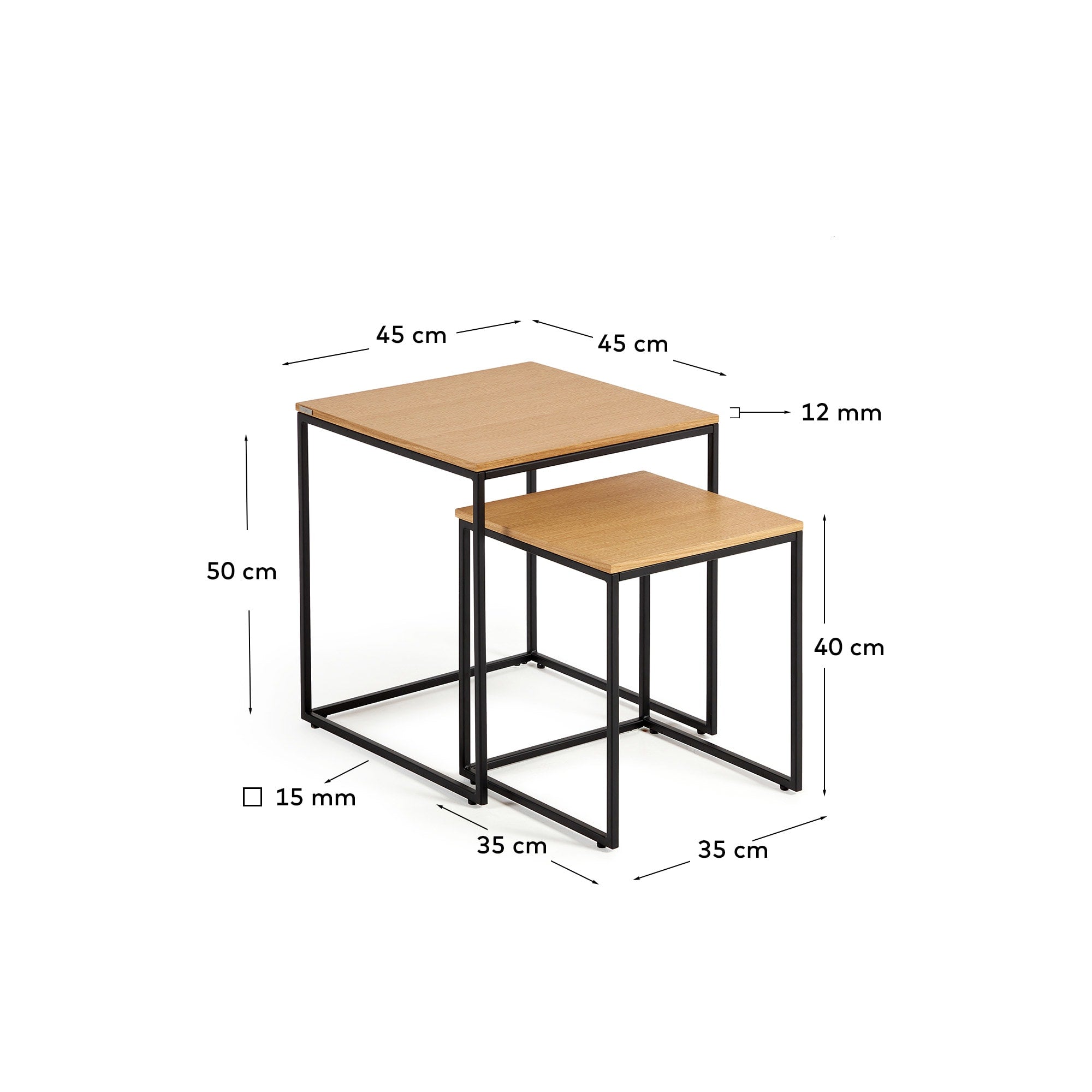 Stilvolles 2er-Set Beistelltische mit Eichenfurnier und schwarzem Metall, ideal für zeitgemäße Wohnraumgestaltung.