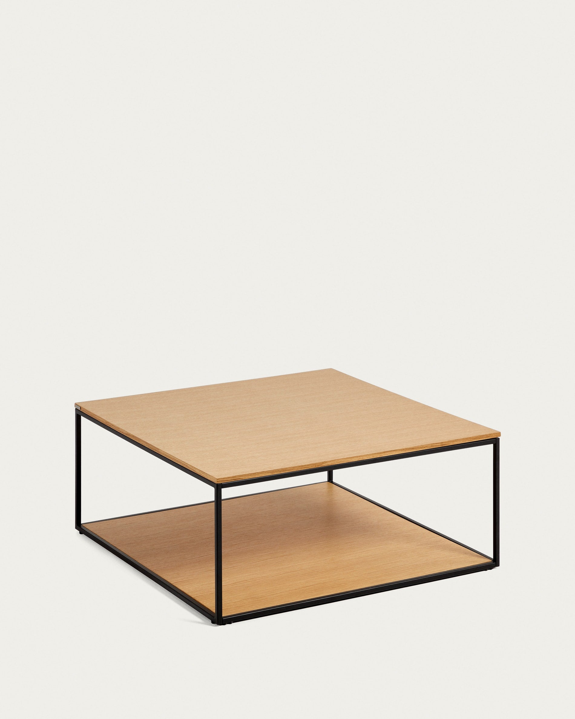 Moderner Couchtisch: Eichenfurnier, schwarzes Metall, 80x80 cm. Stilvoll, funktional, ideal für jedes Wohnzimmer.