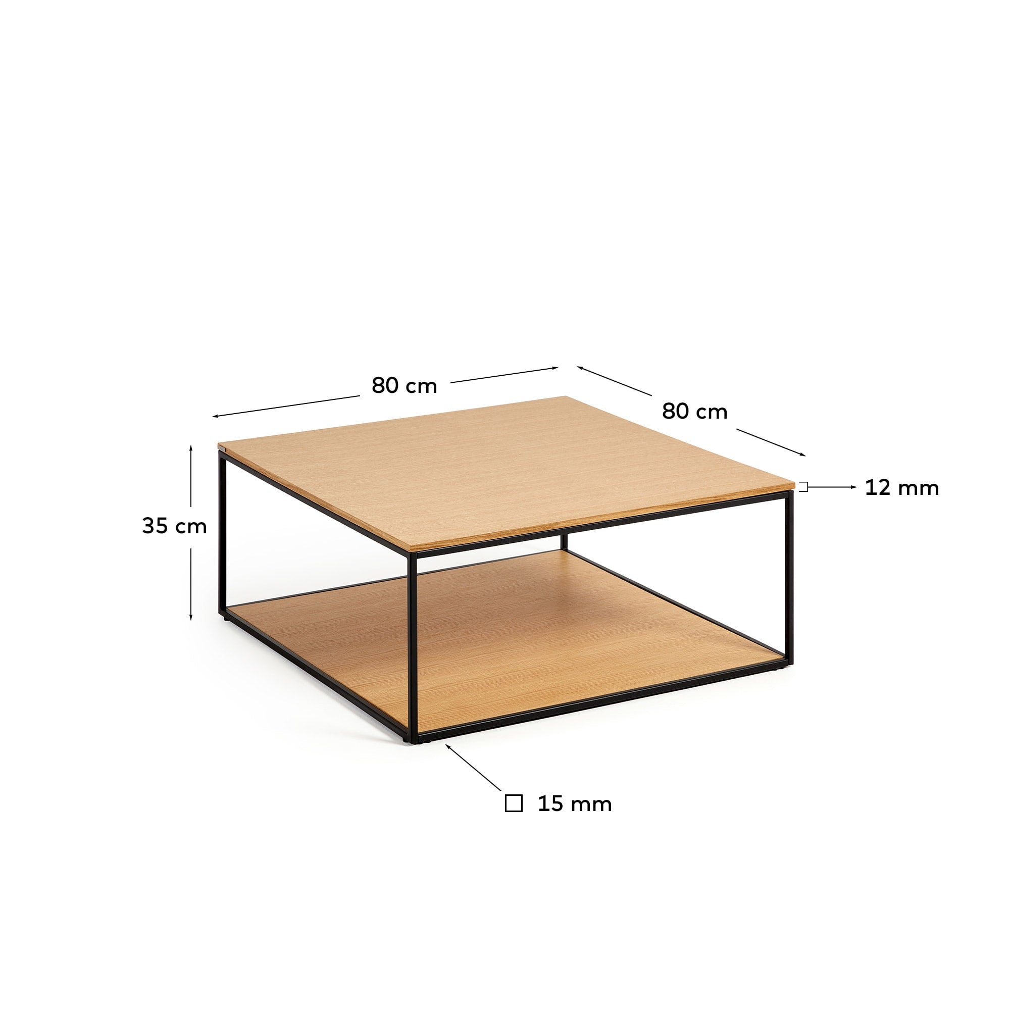 Eleganter Couchtisch mit Eichenfurnier und schwarzem Metallgestell, 80x80 cm, modernes Design für stilvolle Wohnräume.