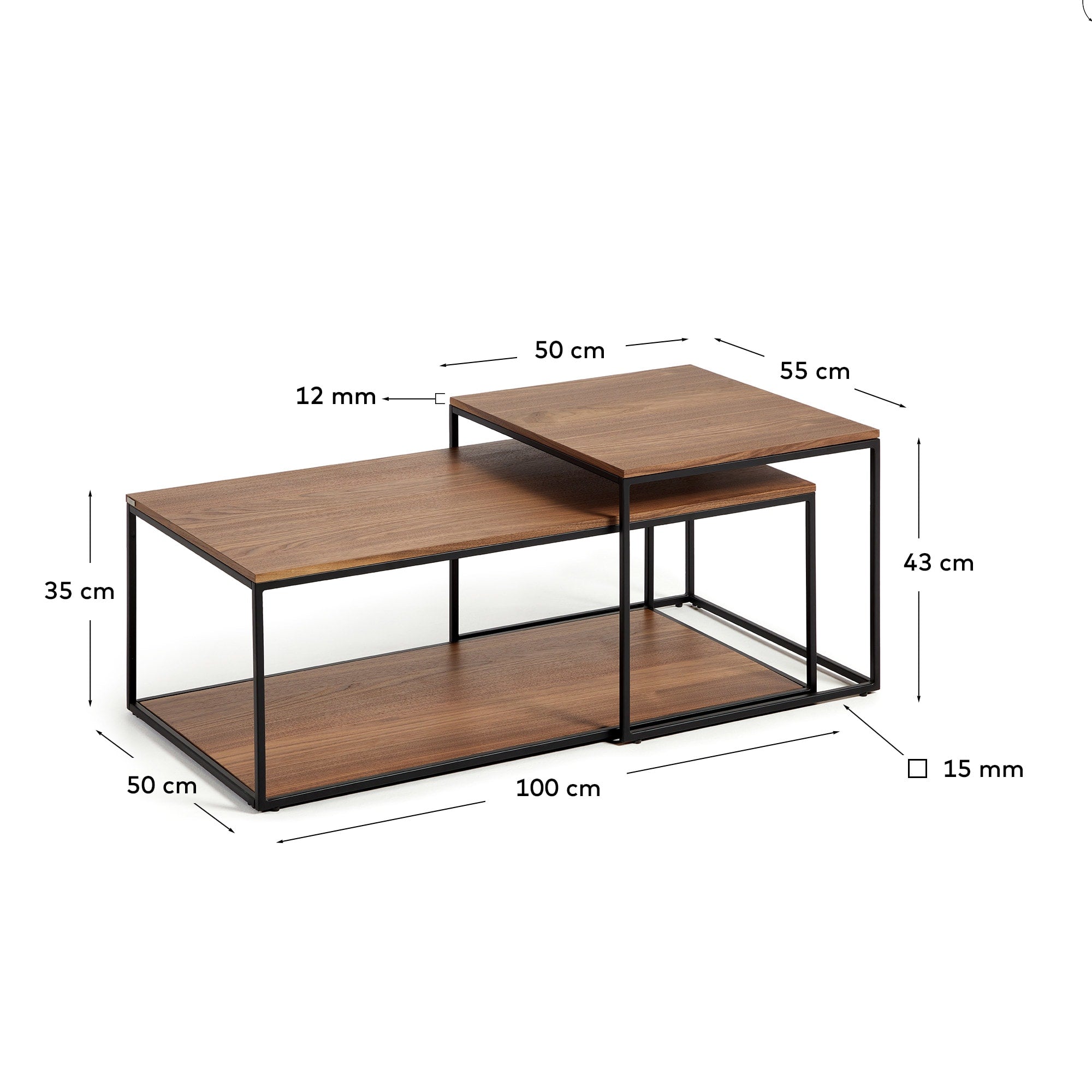 Stilvolles Yoana Set: Zwei Beistelltische mit edlem Nussholzfurnier und robustem schwarzen Metallgestell, perfekt für zeitgemäße Einrichtungen.