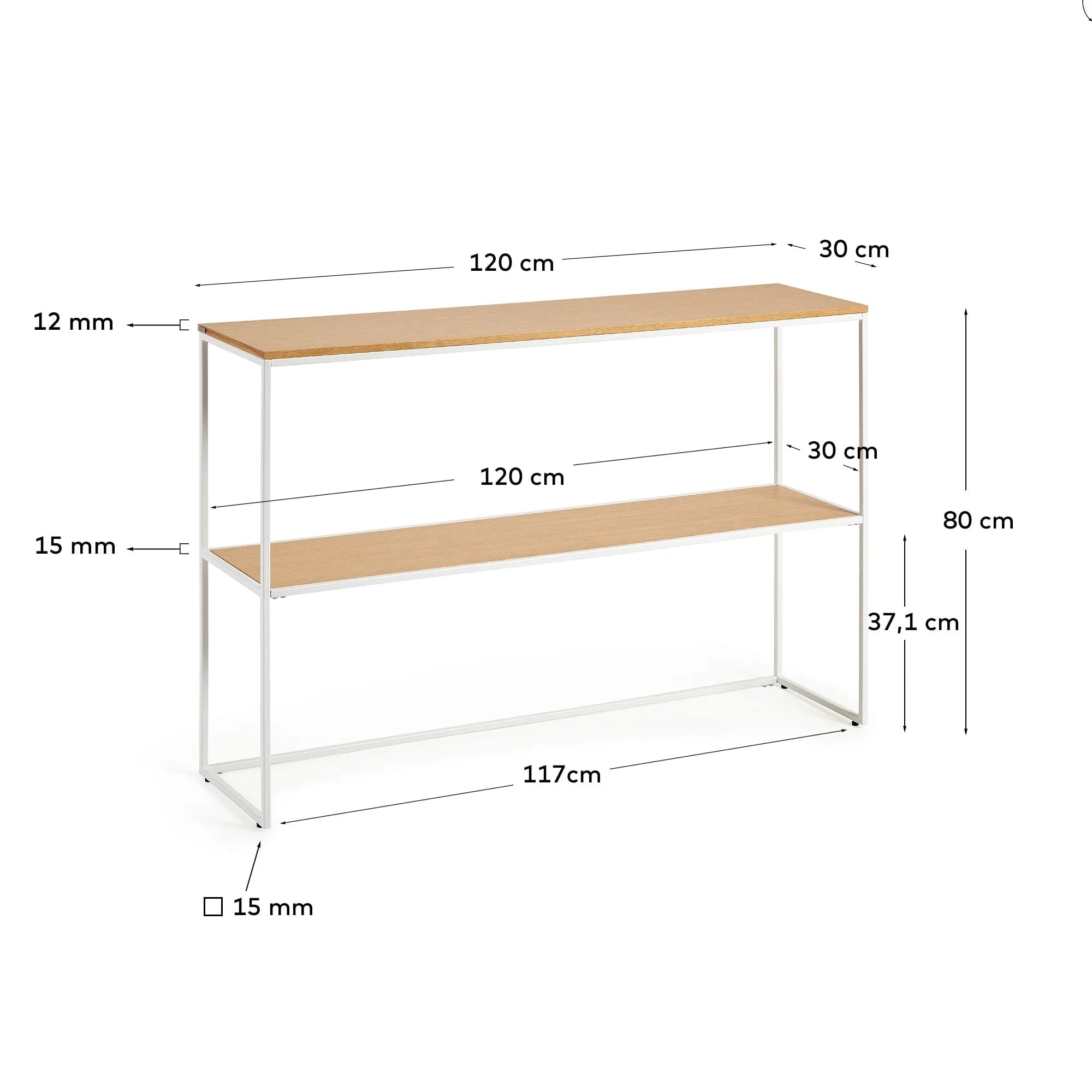 Eleganter Konsolentisch Yoana, 120x80 cm, mit Eichenfurnier und weißem Metallgestell, perfekt für modernes Wohndesign.