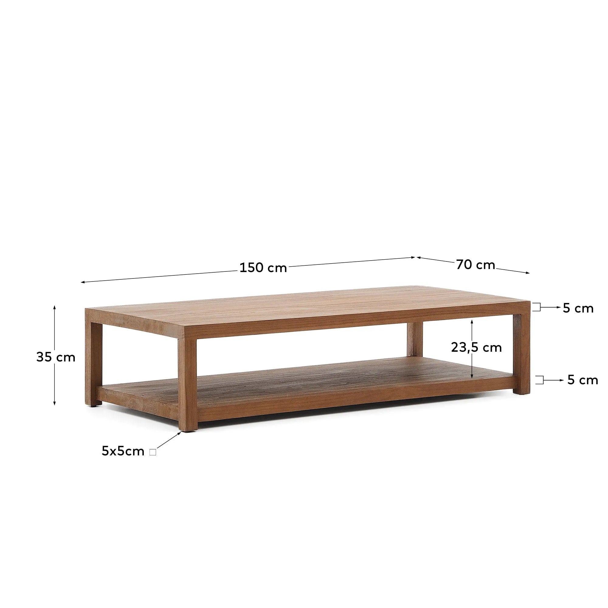 Eleganter Teakholz-Couchtisch, 150x70 cm, vereint Robustheit und Stil, ideal für moderne und klassische Räume.