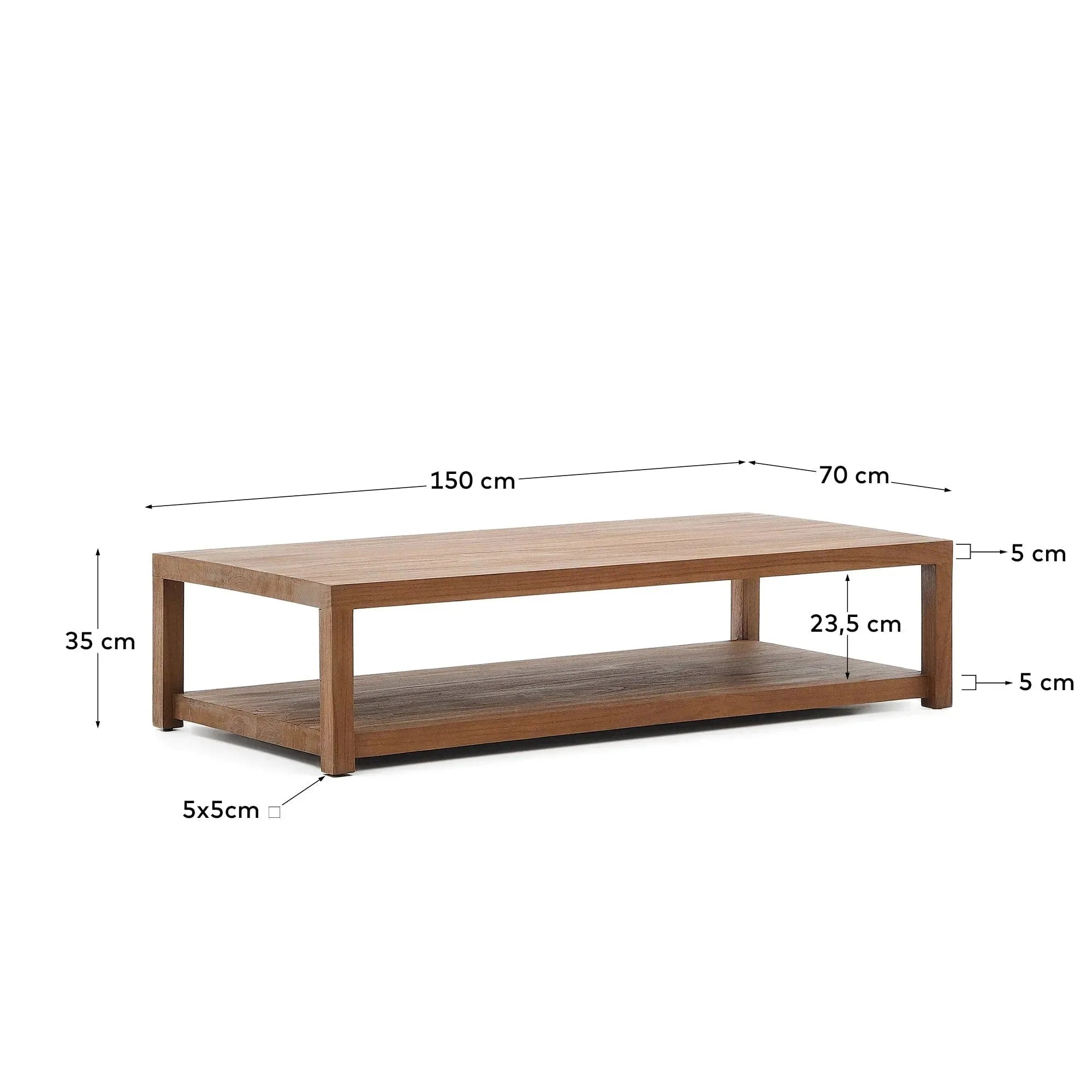 Eleganter Teakholz-Couchtisch, 150x70 cm, vereint Robustheit und Stil, ideal für moderne und klassische Räume.